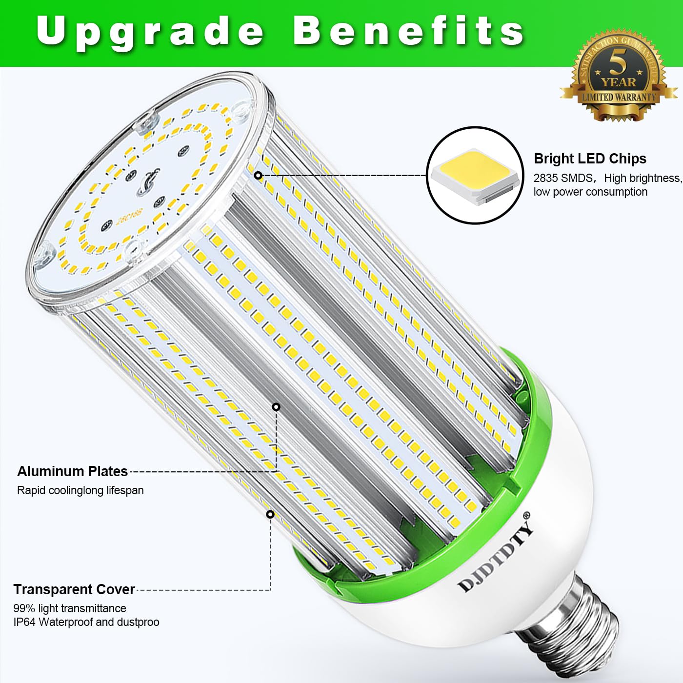 Djdtdty 100Wled Corn Bulb, E26 Base With E39 Adapter, 5000K 15000Lm Led Light Bulb For Garage Warehouse Workshop Barn (100Watts)