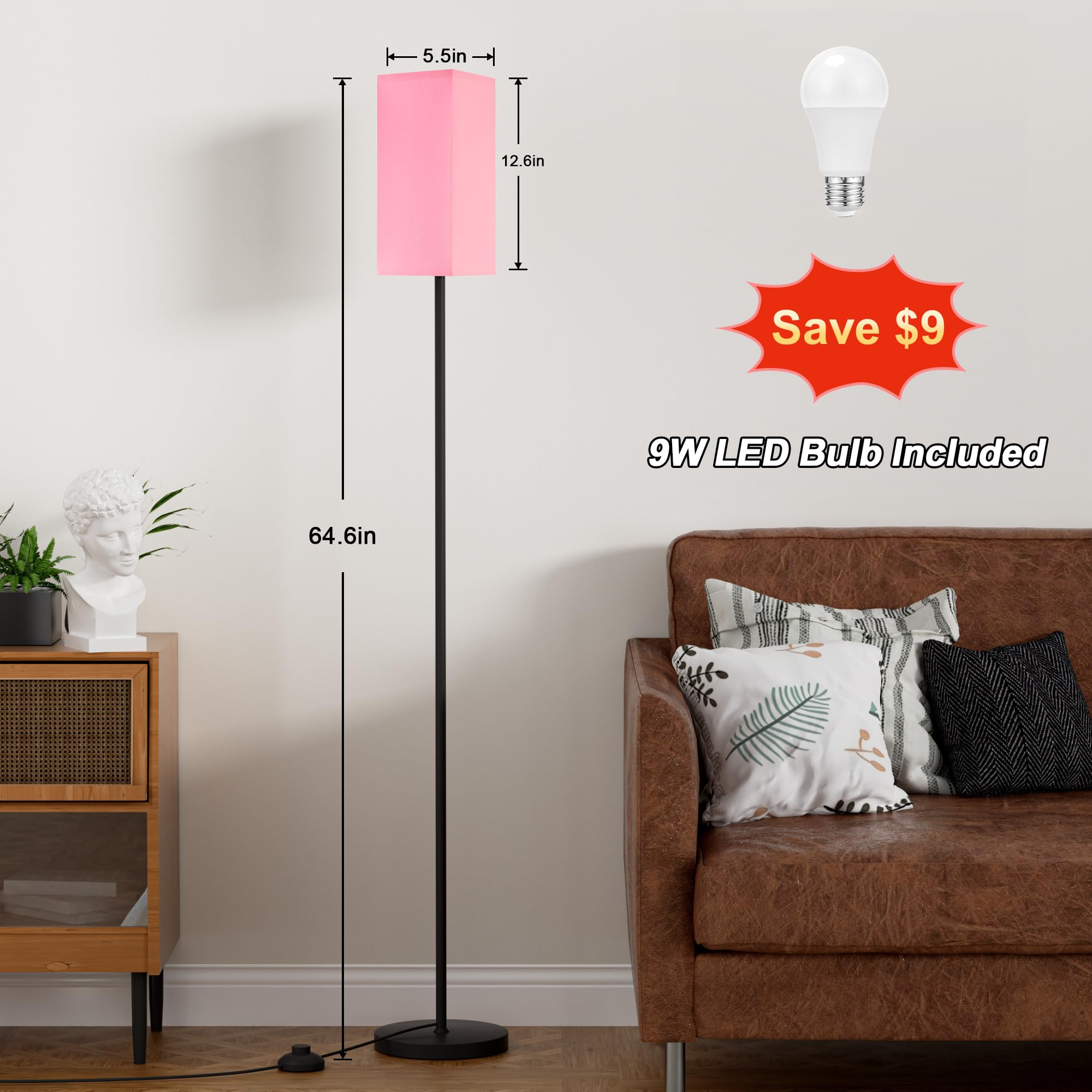 Ambimall Remote Control Floor Lamp, Stepless Dimmable, 64 Inches Tall, Include 9W Bulb, Standing Lamp For Living Room Bedroom Of