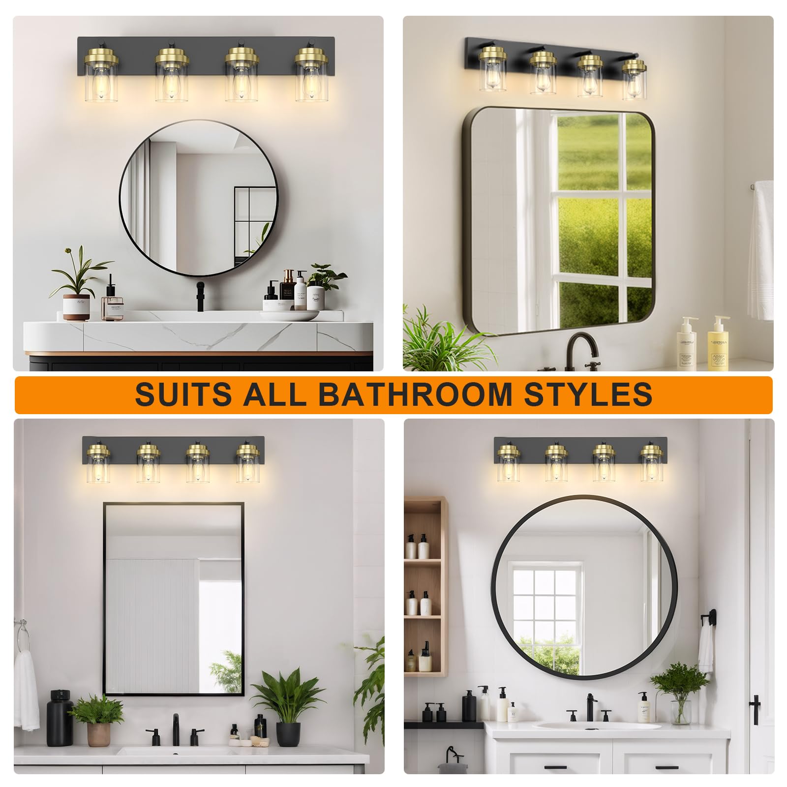 Izorro Bathroom Vanity Light Fixture  4-Light 27.5 Inch Black And Gold Bathroom Light Fixtures Over Mirror  With Clear Glass Shade  Modern Farmhouse Vanity Lights  Rustic Restroom Lighting Fixtures