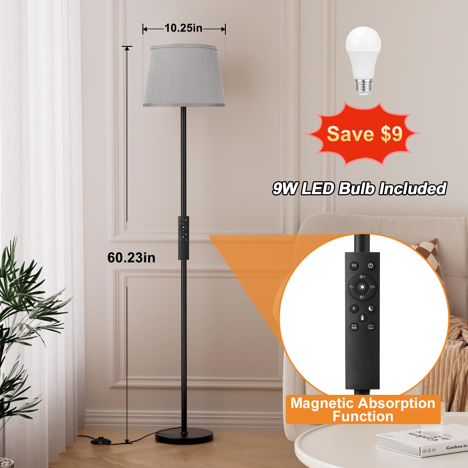 Raexpectis Modern Floor Lamp with Remote Control, Dimmable, Metal, 9W, Grey Shade