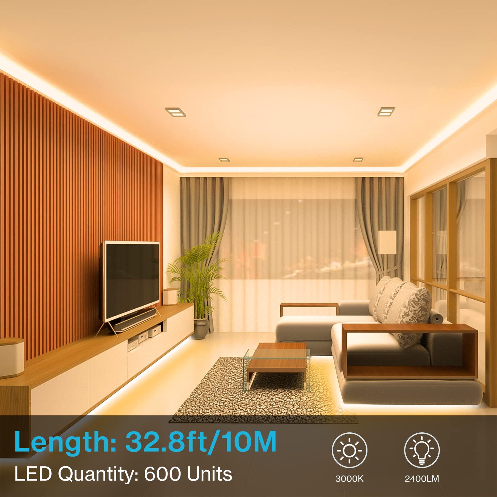 Olafus LED Strip Lights 32.8ft Warm White Dimmable 3000K Flexible Light Strip UL Listed 600 LEDs Model LA-96DTWW-US01-N-BK