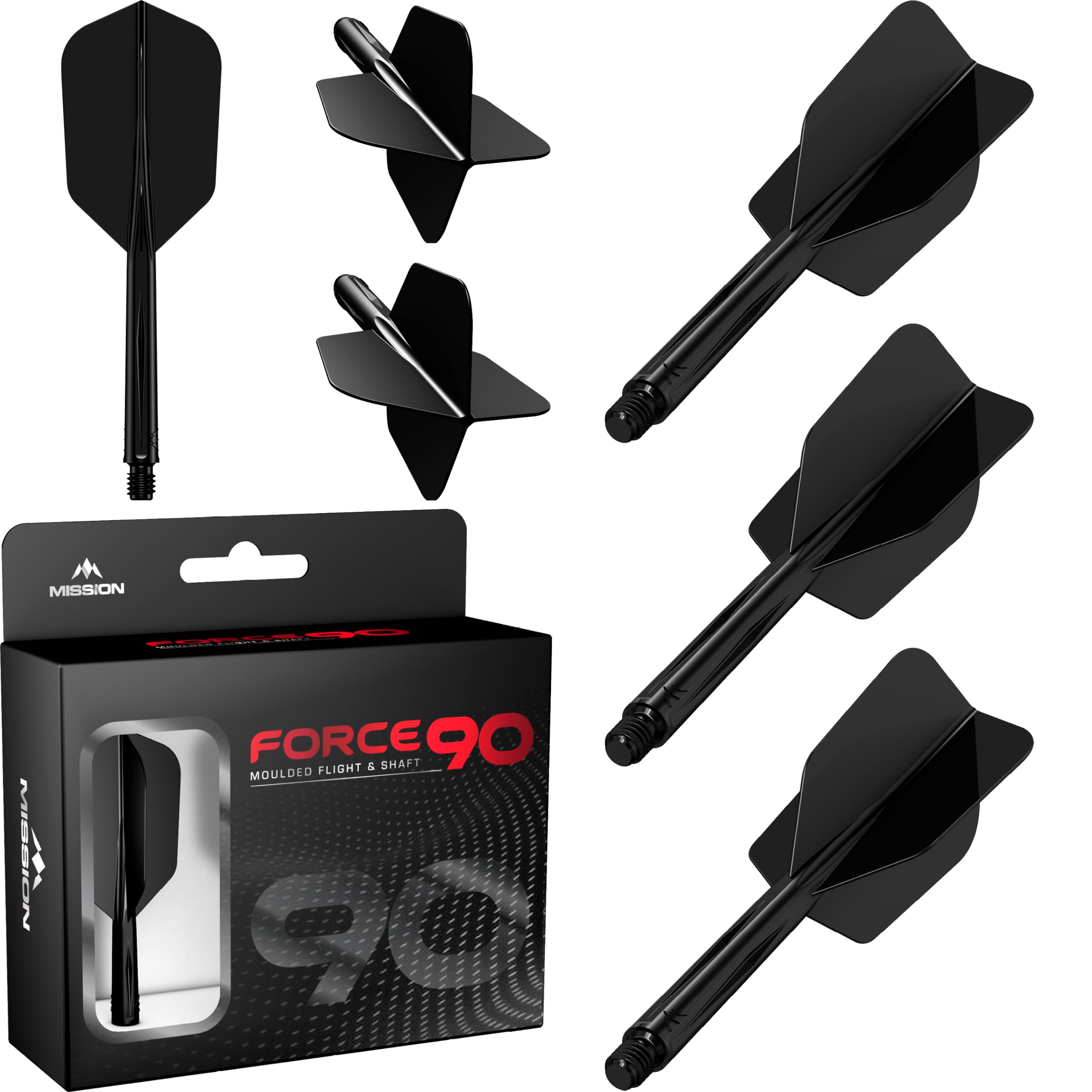 Mission Darts Force 90 Professional Dart Flights and Shafts, Slim Short, Black, Pack of 3, Integrated Precision Moulded System