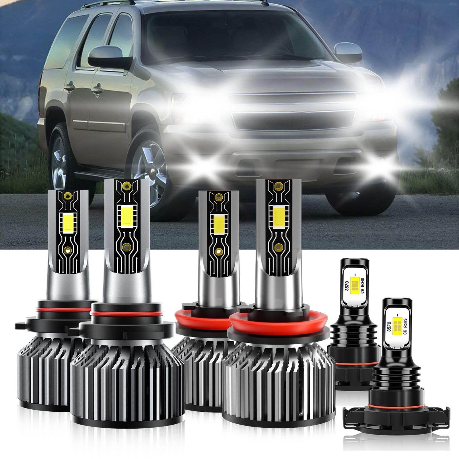 TXBILMOO Fog Light Bulbs, 9005 H11 High/Low Beam, 5202, 6500K White, For Chevrolet Tahoe 2007-2015, Pack