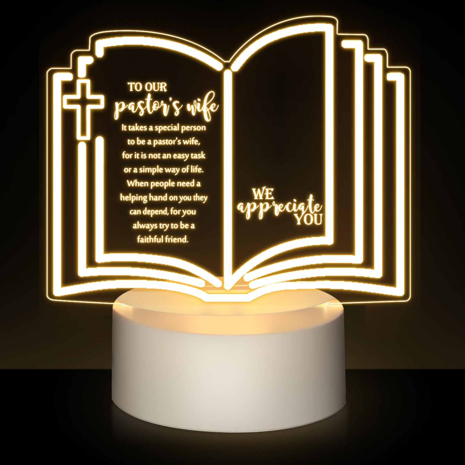 Kosiz Pastor Appreciation Gift Engraved Thank Clergy Sayings Acrylic Night LED Light with Base Christian Inspirational Desk Deco