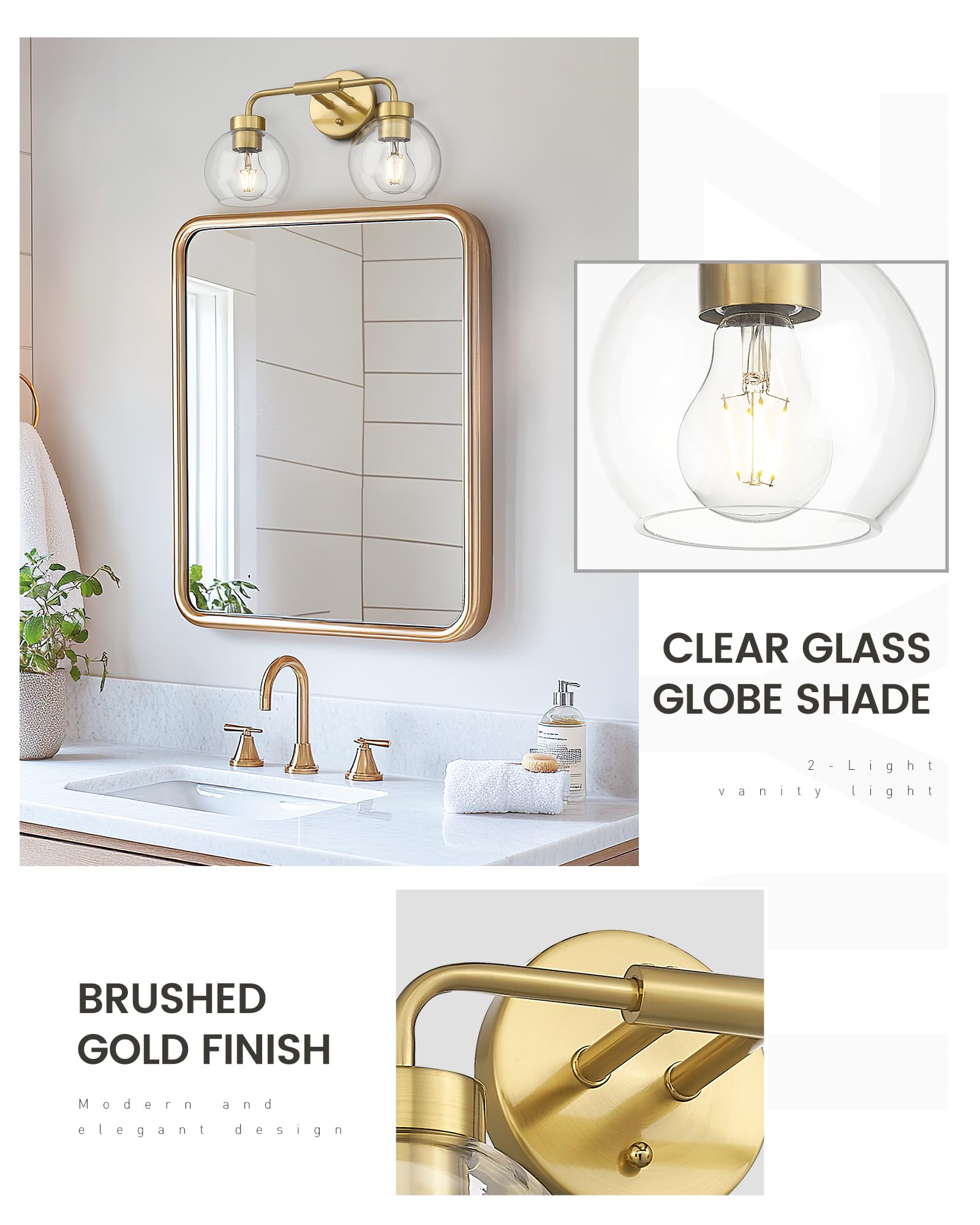Zeyu 16 Inch Wall Sconce Lighting For Bathroom  Gold Bathroom Vanity Light  2-Light Vanity Lights With Clear Glass Globe Glass  Brushed Gold Finish  Zs62Bg-2W Bg