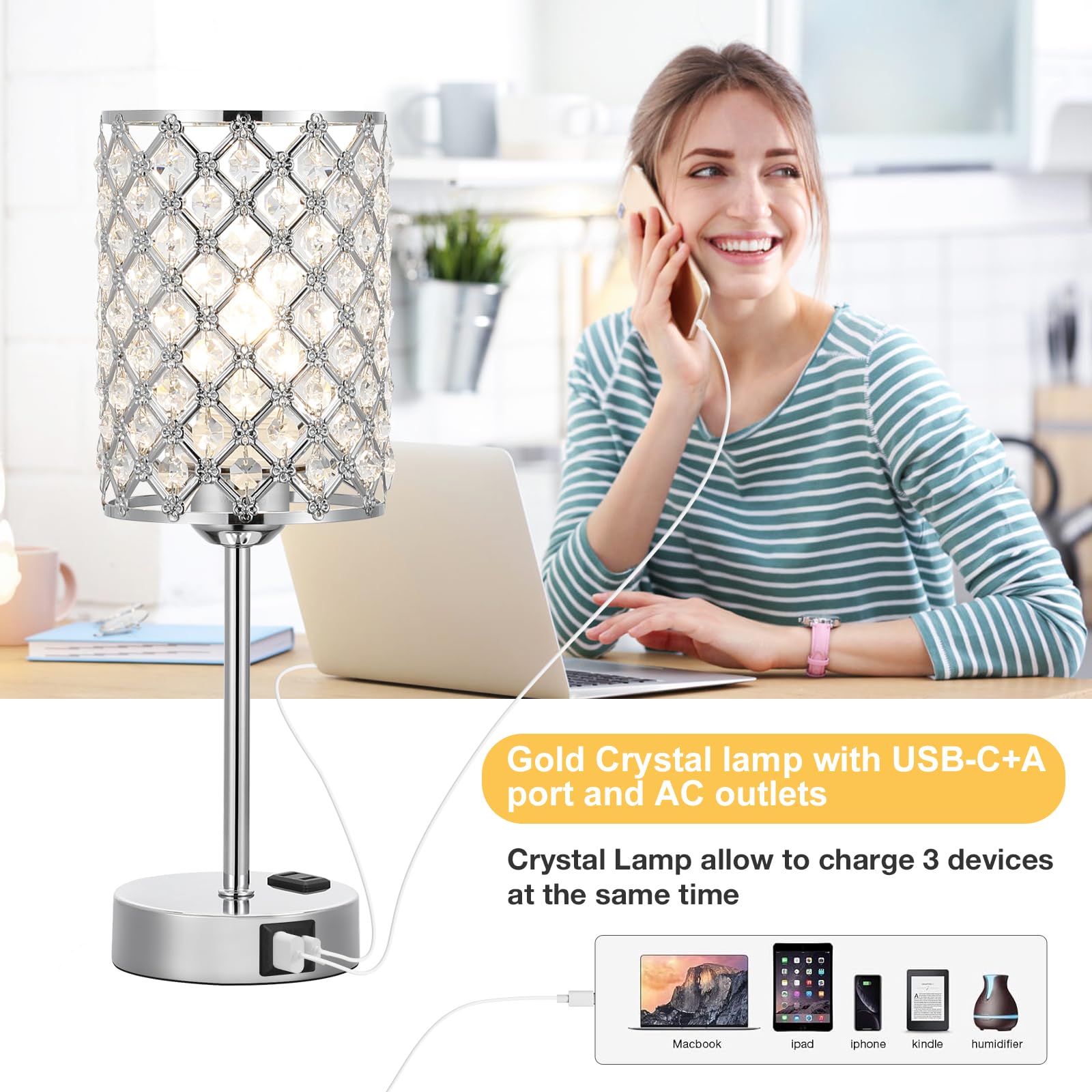 Hong-In Crystal Table Lamp, Crystal Lamp Touch Control With Usb-C Usb-A Charging Ports & Ac Outlets, 3 Way Dimmable Bedside Lamp