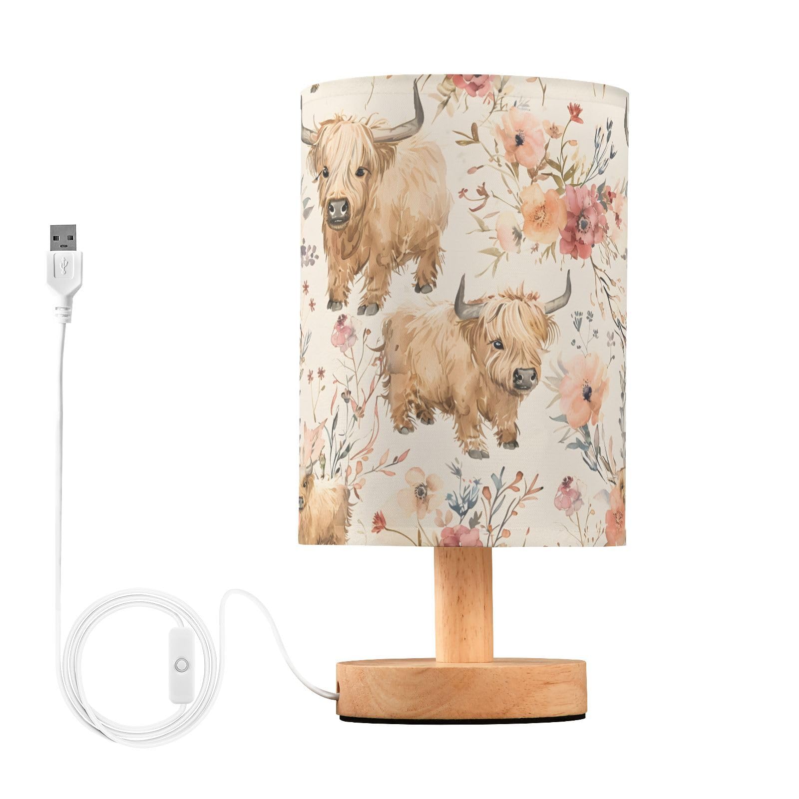 MFTJYO Bedside Table Lamp Highland Cows Flowers Table Lamp for Bedroom Nightstand Lamp with USB Port LED Desk Lamp Shade Living 