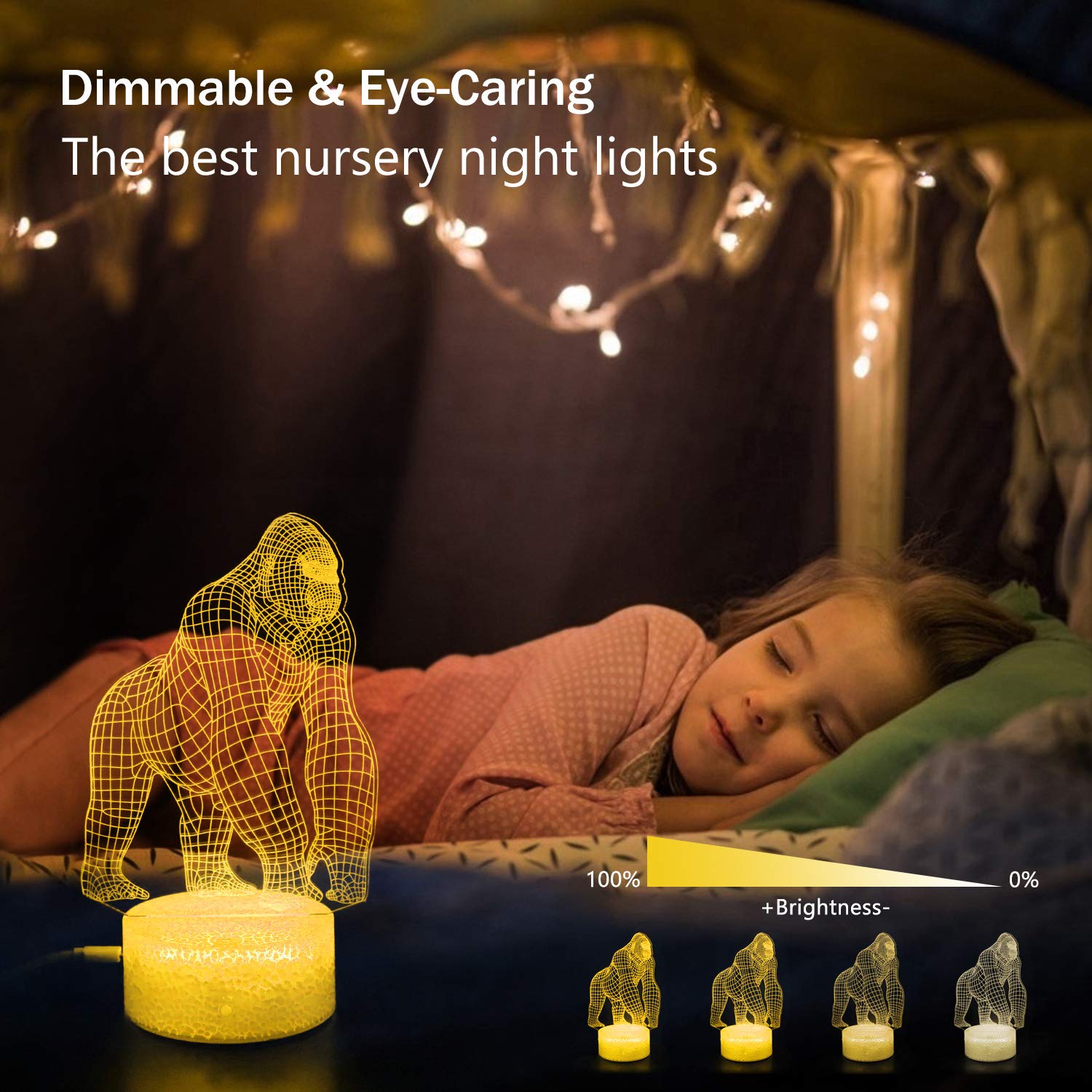 Bassi 3D Gorilla Lamp For Kids, 16 Colors Changing Remote Control 3D Night Light Gorilla Toy - Birthday Christmas Gifts For Boys