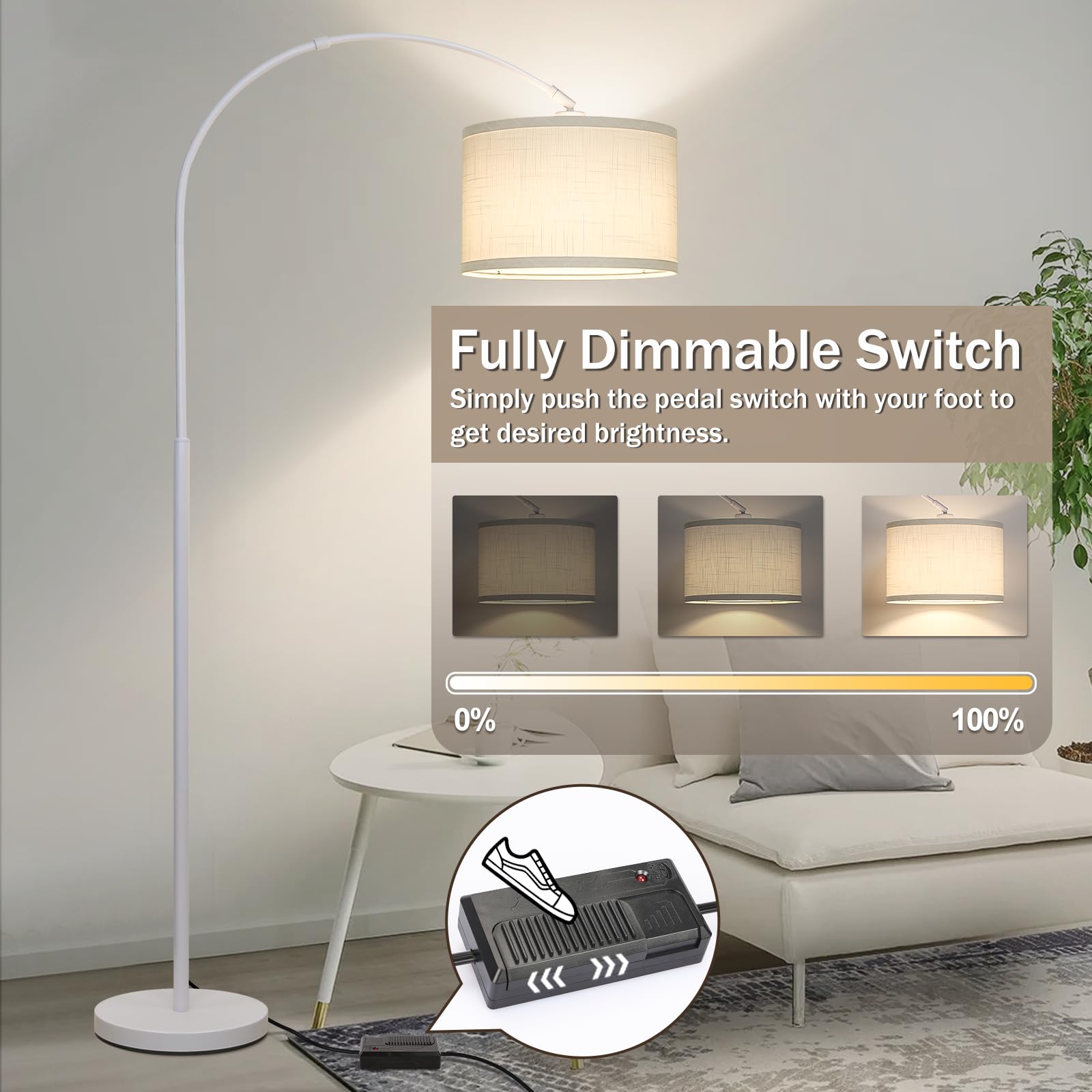 Seaside Village Standing Lamp For Living Room, Dimmable Arc Floor Lamp With White Adjustable Hanging Shade, Modern Pole Lamp Tal