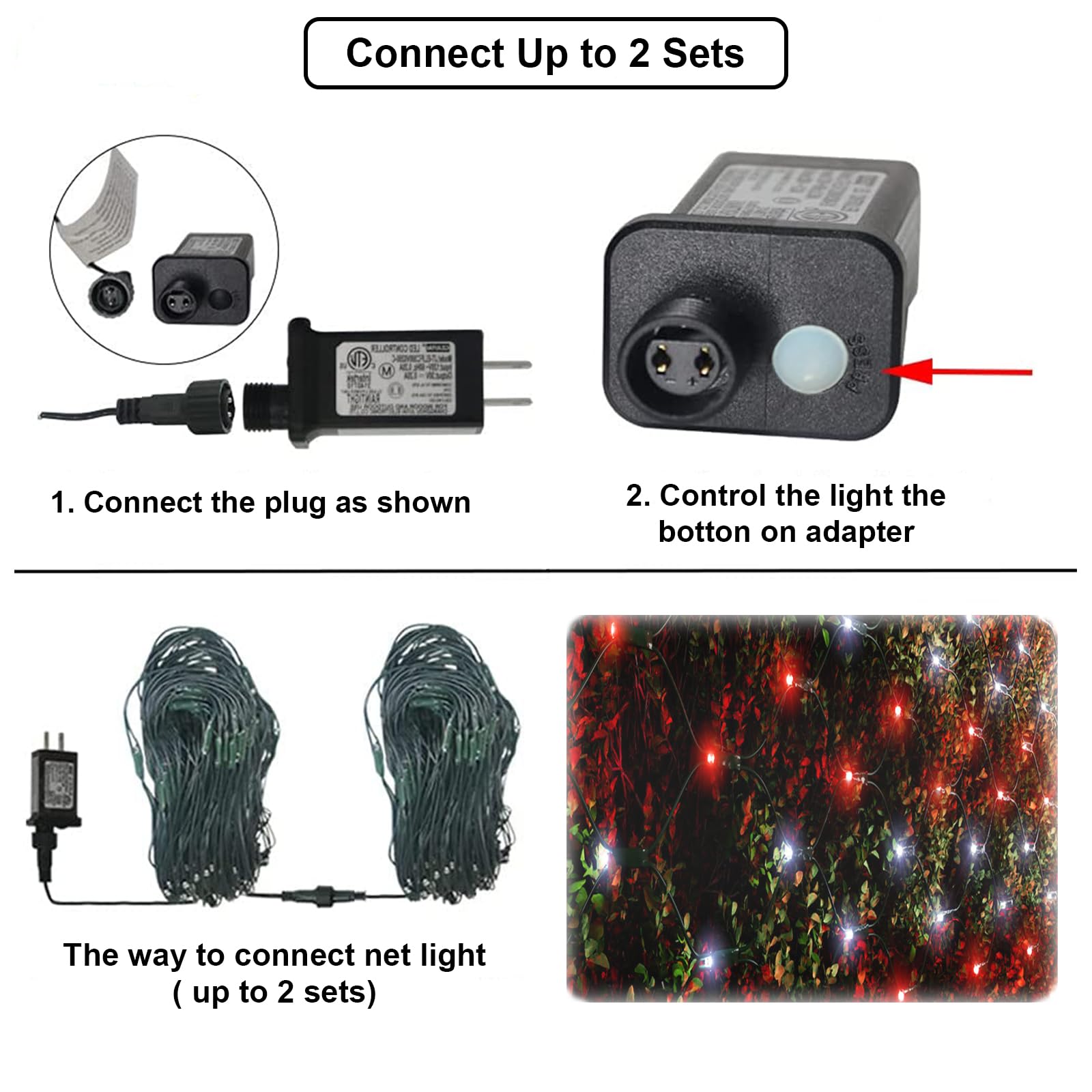 Pooqla Christmas Net Lights, 300 LED Outdoor Fairy String Lights, 14.8x4.9 ft, Green Wire, Waterproof, Red and White