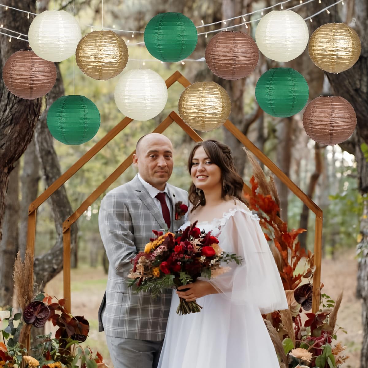 YUNXUAN Paper Lanterns Pack of 12, Round, Green Brown Gold, for Birthday Party and Baby Shower Decorations, Model YX1034