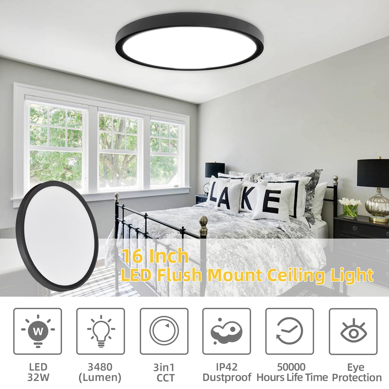 4Pack 16Inch Led Flush Mount Ceiling Light: 32W 3480Lm Low Profile Led Ceiling Light, 3000K/4000K/6000K 3 Color Selectable Super Slim Led Round Flat Ceiling Light For Room Hallway Bathroom, Black