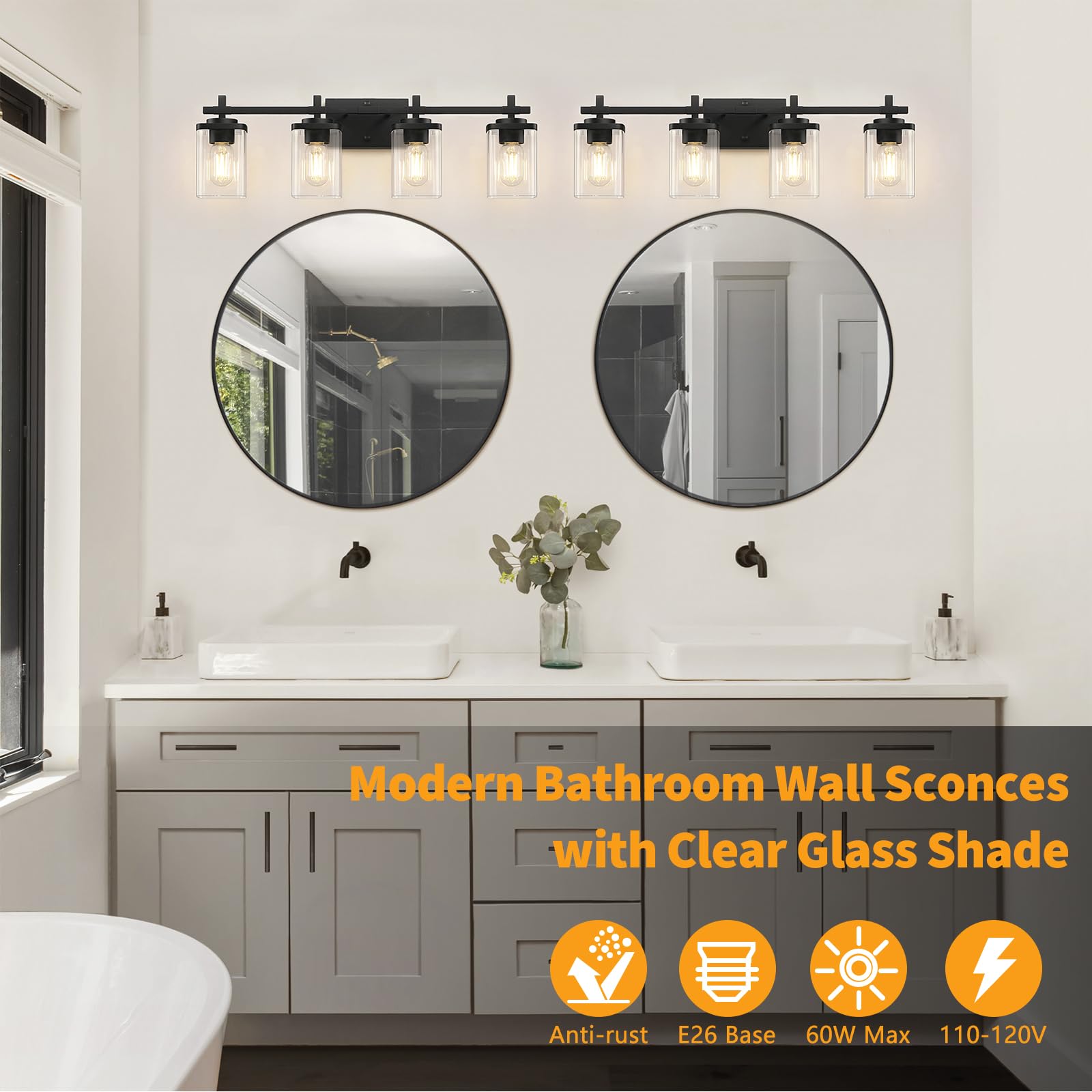 Spiglamm 4-Lights Matte Black Bathroom Light Fixture, Modern Black Vanity Lights Over Mirror With Clear Glass Shade, Bathroom Wa