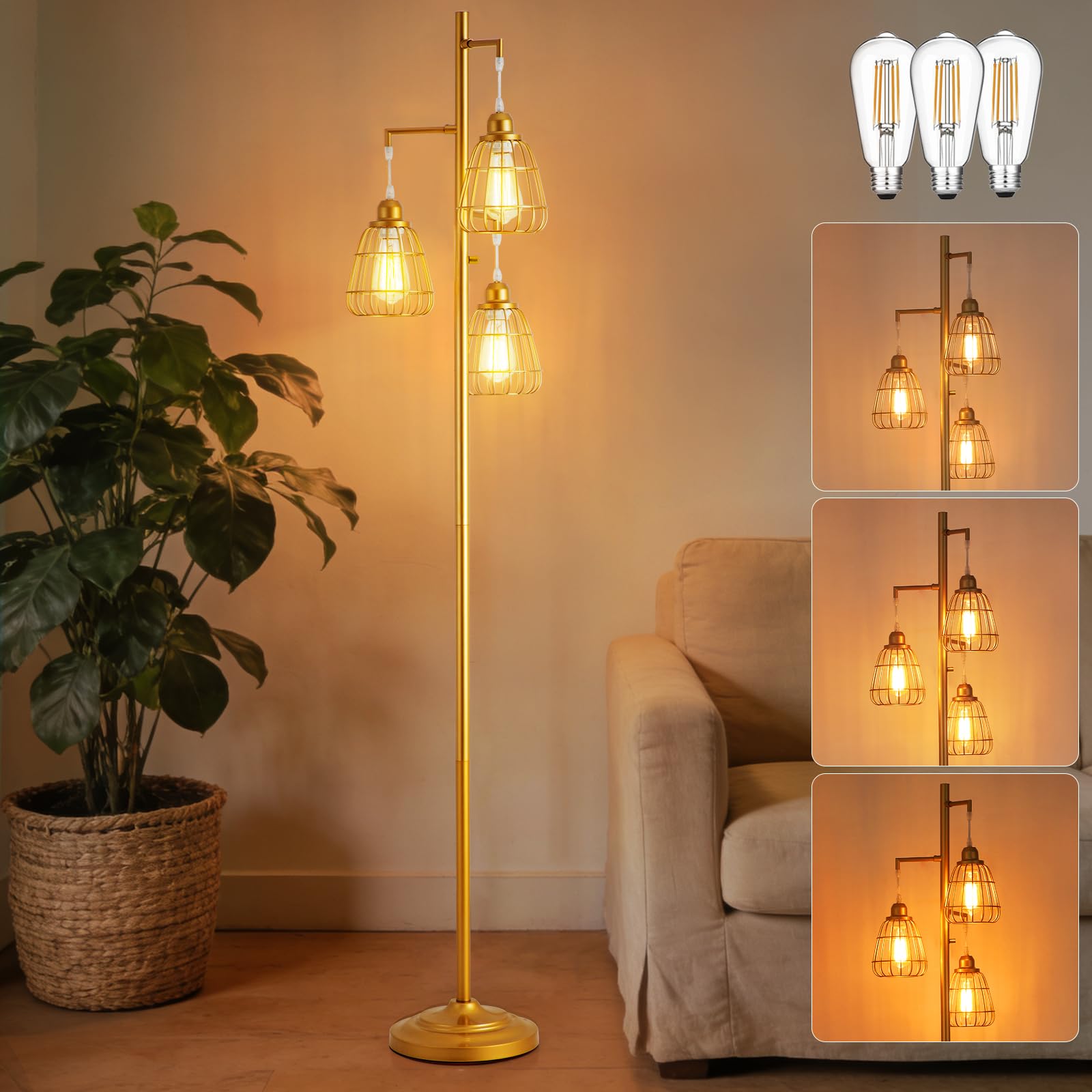 3WWWUEE Gold Dimmable 70 Floor Lamp for Living Room Farmhouse 3-Light Tall Lamp with Bird Caged Lampshade Bedroom Floor Tree S