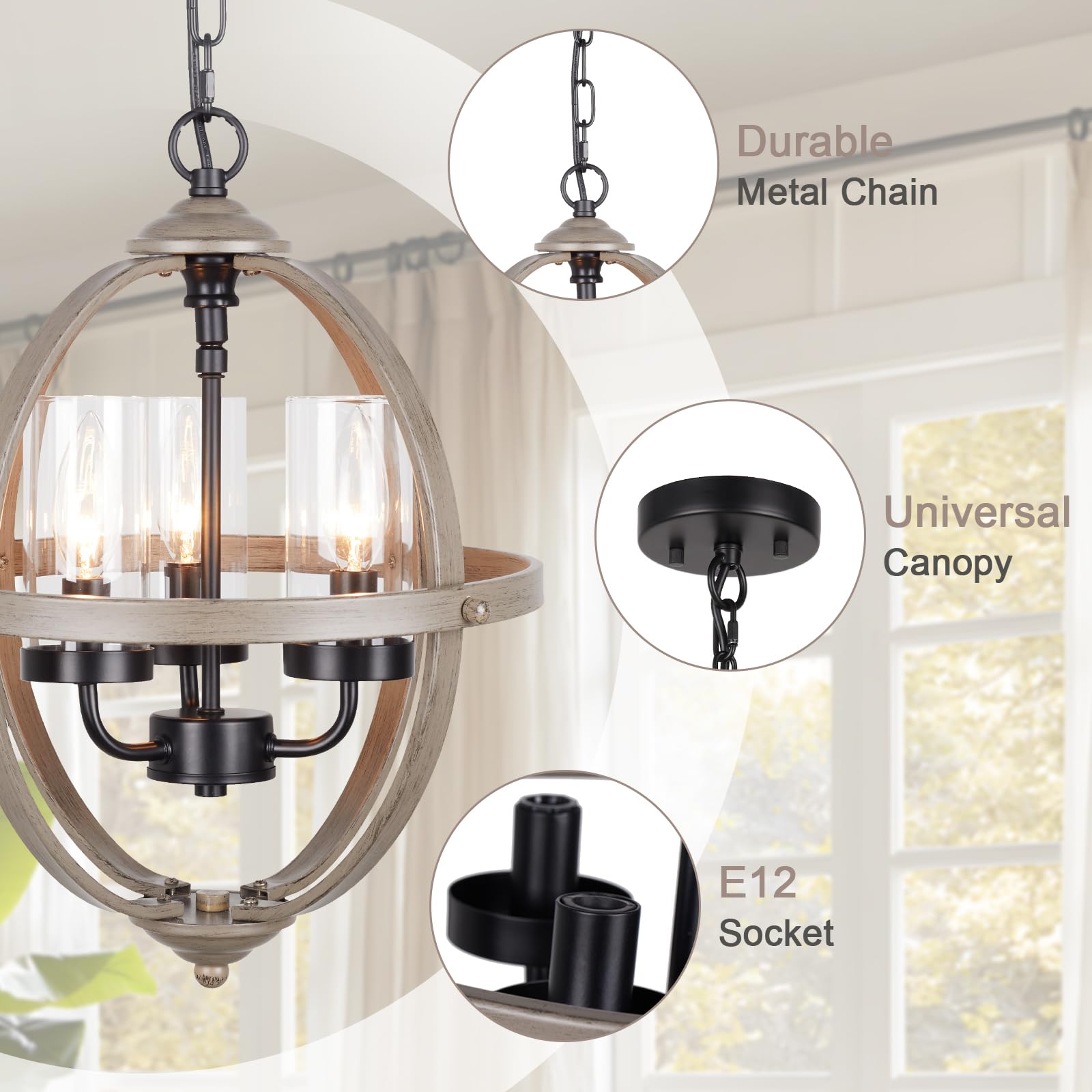 Farmhouse Chandelier, 14'' Industrial Rustic Globe Sphere Orb Chandelier Wood Grain, 3-Light For Dining Room Entryway Kitchen Is