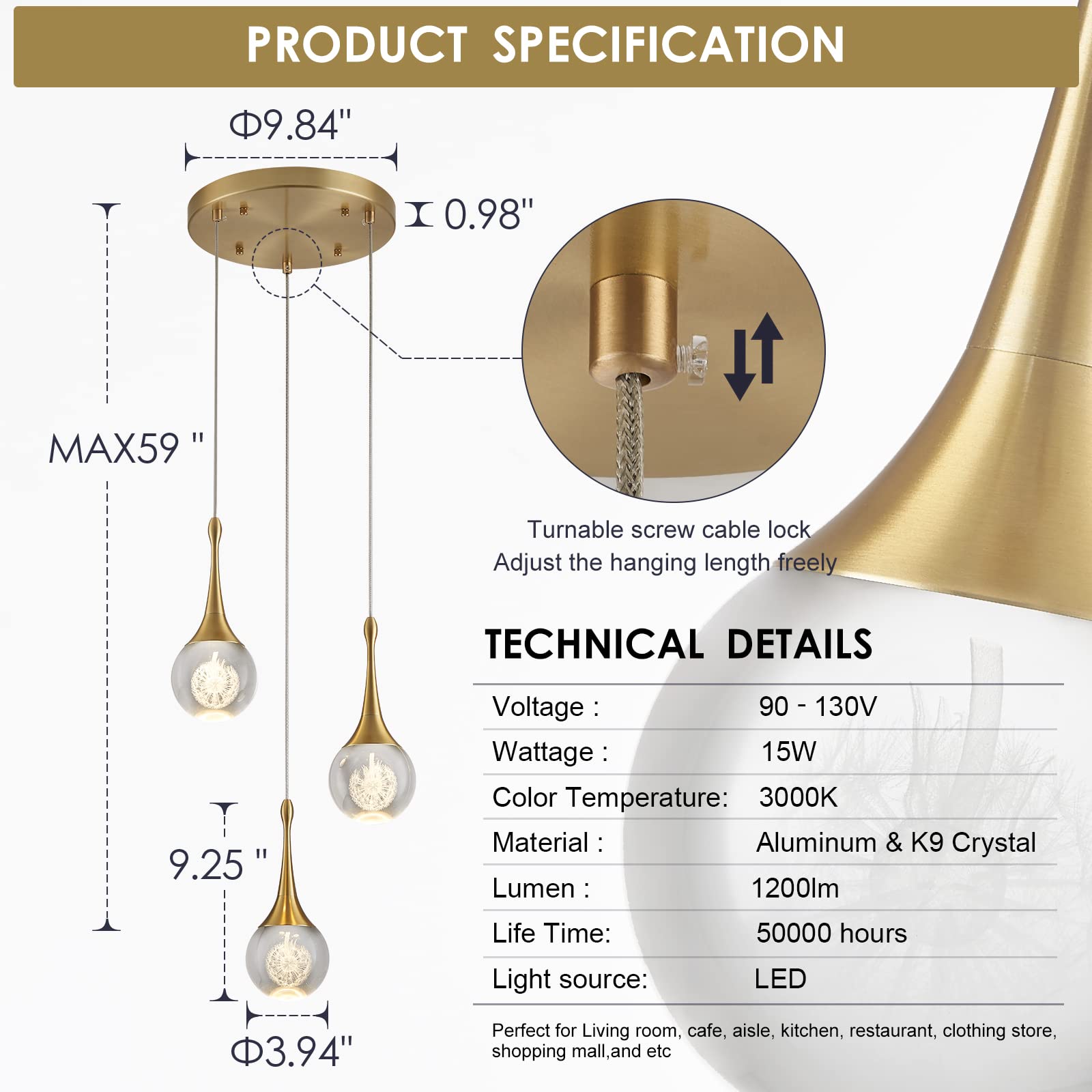 Airyphant 3 Light Gold Pendant Lighting, 15W Modern Dimmable Led Teardrop Crystal Chandelier Cluster Pendant Light For Kitchen I