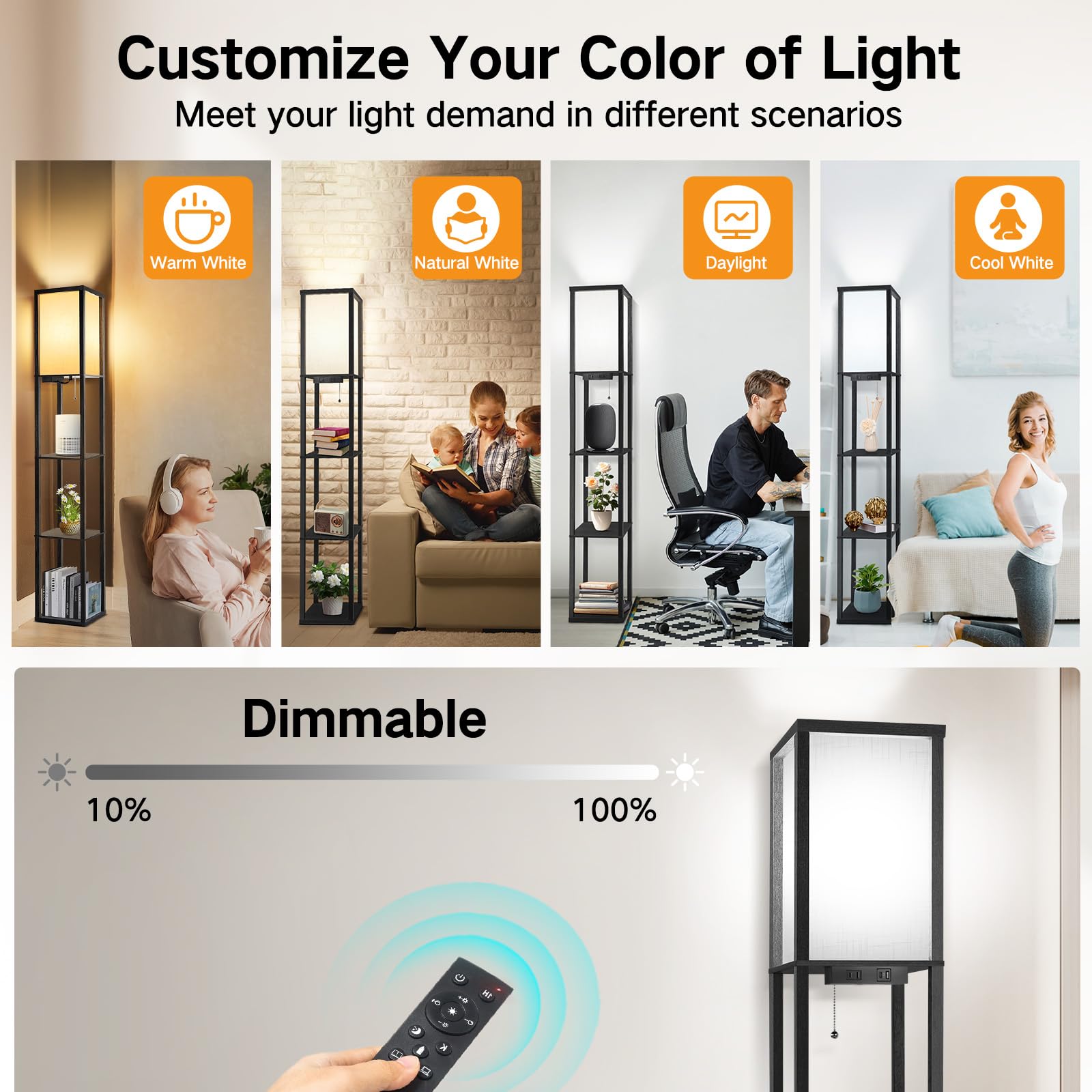 OUTON Floor Lamp with Shelves, Dimmable, Remote Control, USB & Type C Ports, Power Outlet, Matte Black