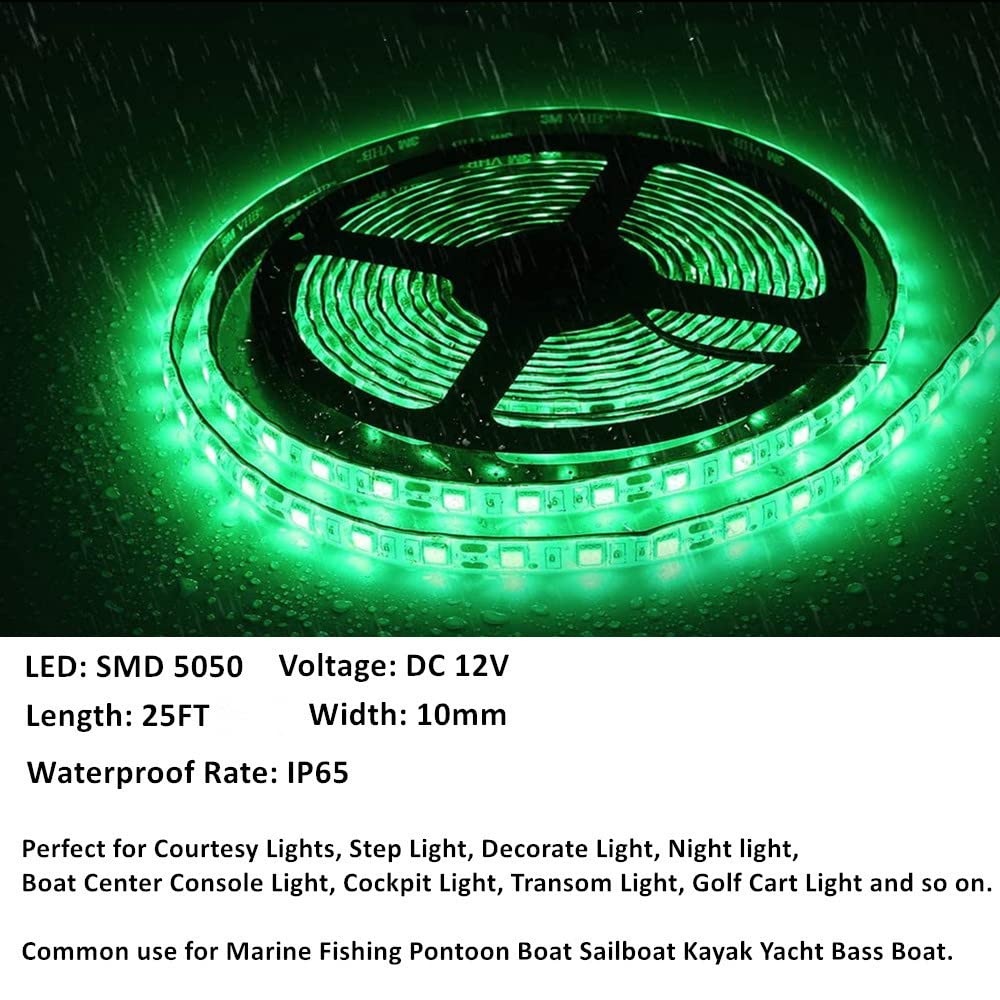 Vbakor 25FT LED Boat Lights - Waterproof Green Marine Strip Lights for Deck, Interior, and Night Fishing