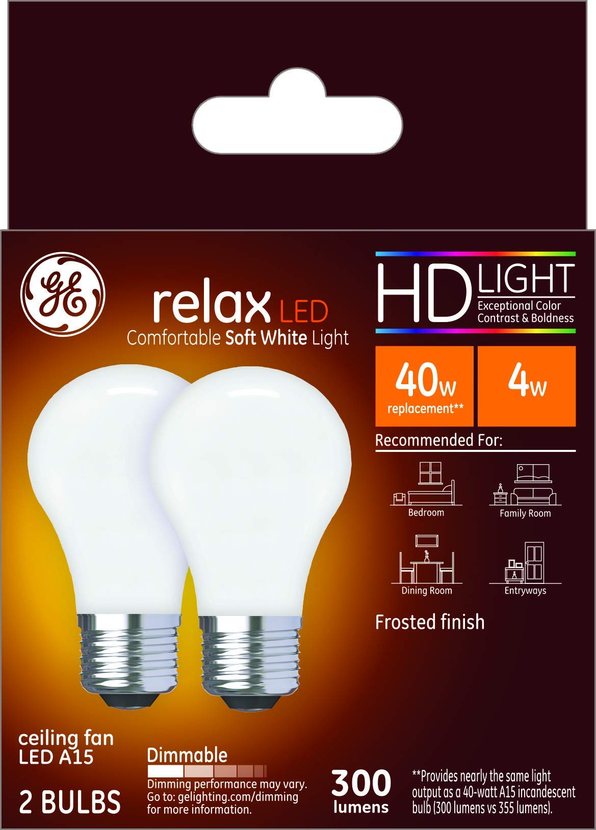 Ge Lighting Relax Led Ceiling Fan Light Bulbs, 4 Watts (40 Watt Equivalent) Soft White Hd Light, Frosted Finish, Medium Base, Di