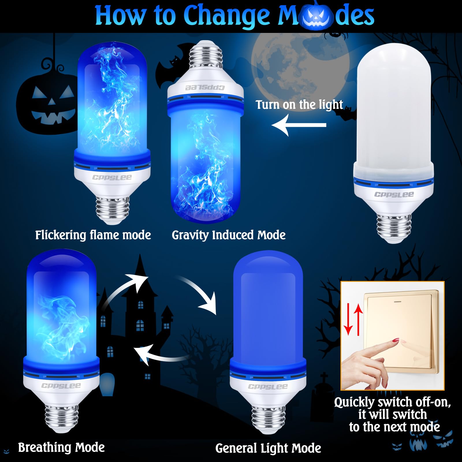 CPPSLEE LED Flame Light Bulbs, E26 Base, 4 Modes, 2 Pack, Blue, Ideal for Halloween Decorations