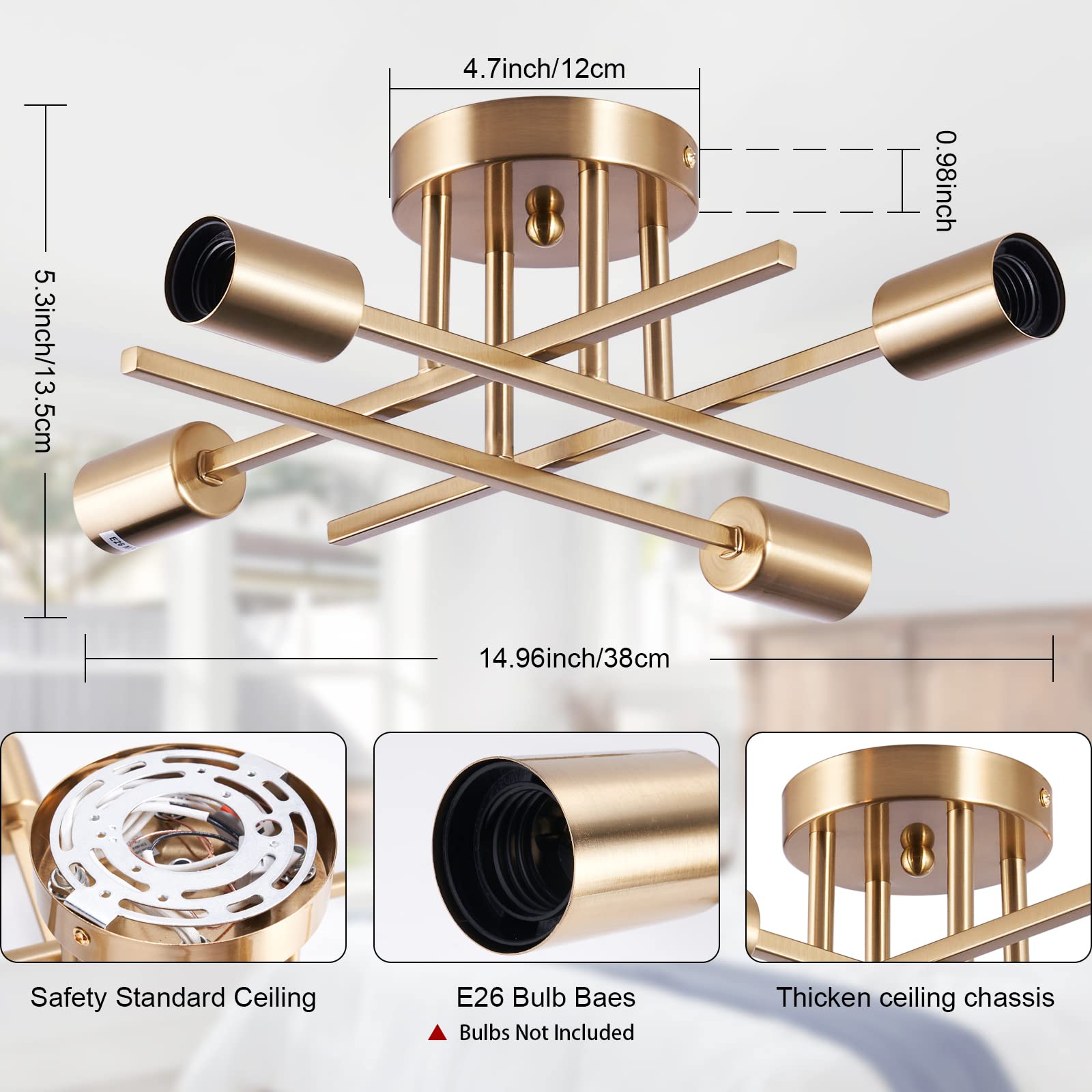 Brknit Sputnik Chandeliers, 4-Light Brass Semi Flush Mount Ceiling Light, Mid Century Industrial