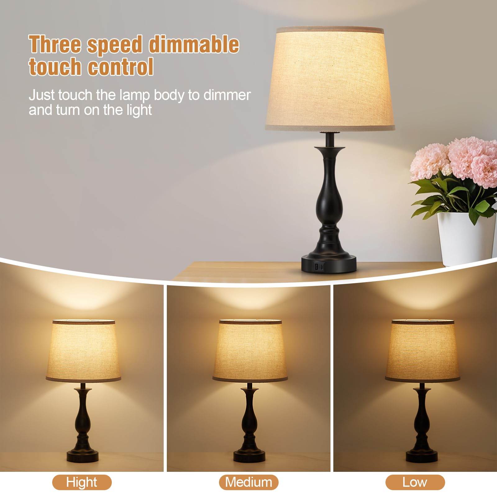 Lauag Black Bedside Table Lamp Set of 2 - Touch Control, 3-Way Dimmable, USB-C & USB-A Charging for Bedroom & Home Office