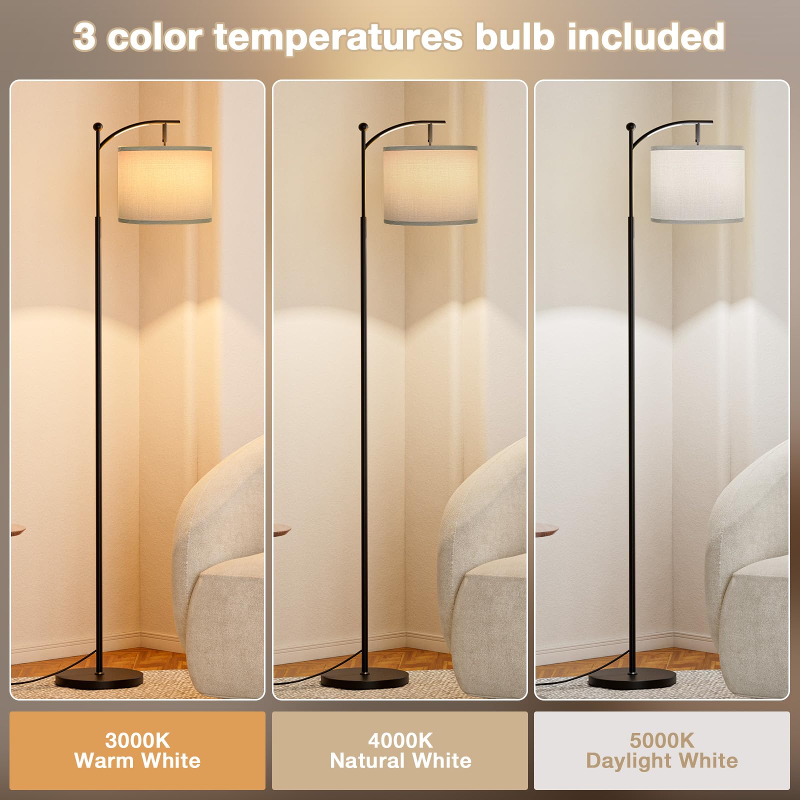 60&quot; Floor Lamps With 3 Color Temperatures, Adjustable Grey Shade With Black Pole, Tall Lamps For Living Room, Bedroom, Office, Classroom, Dorm Room - 9W Bulb Included