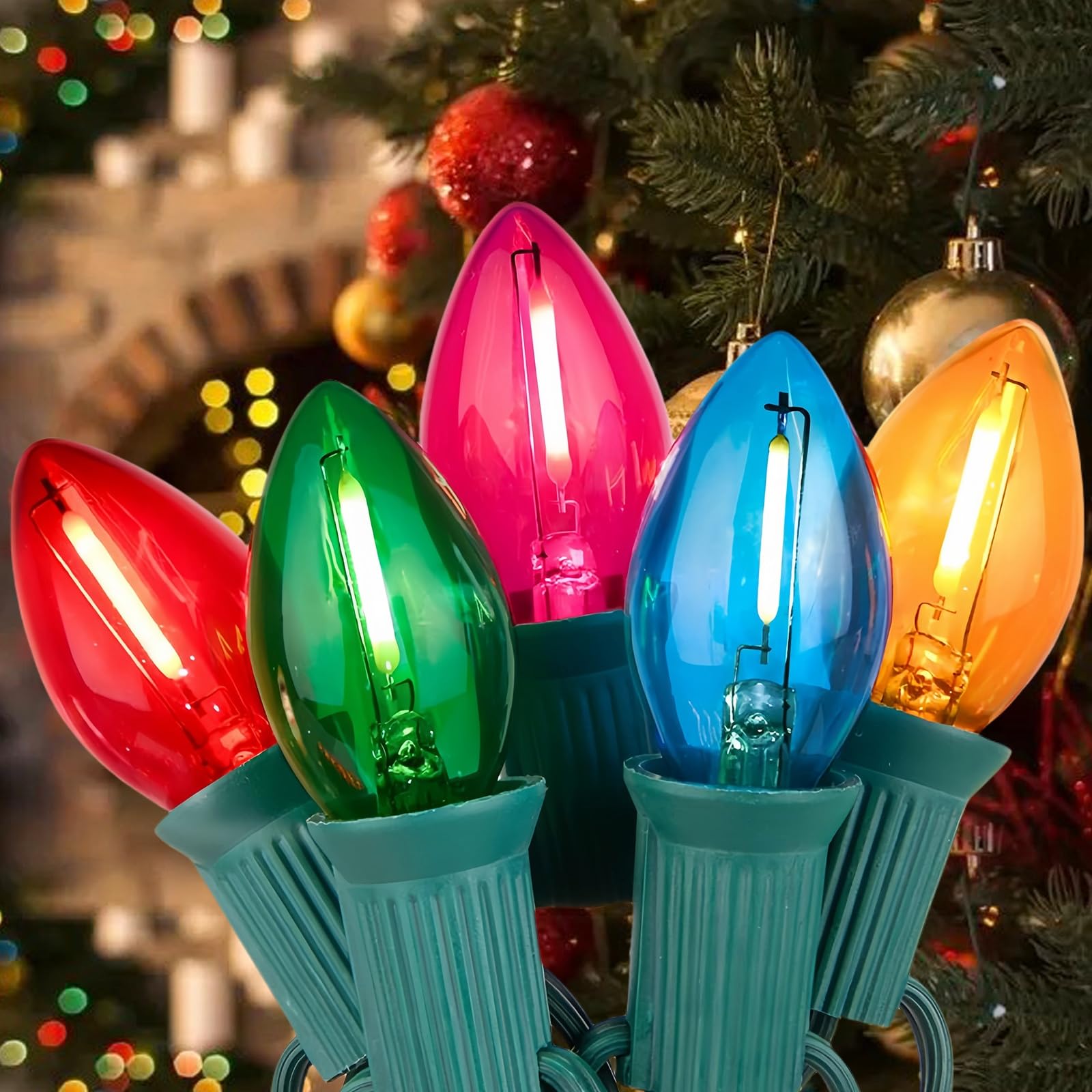 C7 Christmas LED String Lights, 25Ft C7 Vintage Clear Multicolor Lights with 27 Colorful LED Bulbs (2 Spare) for Indoor Home Out