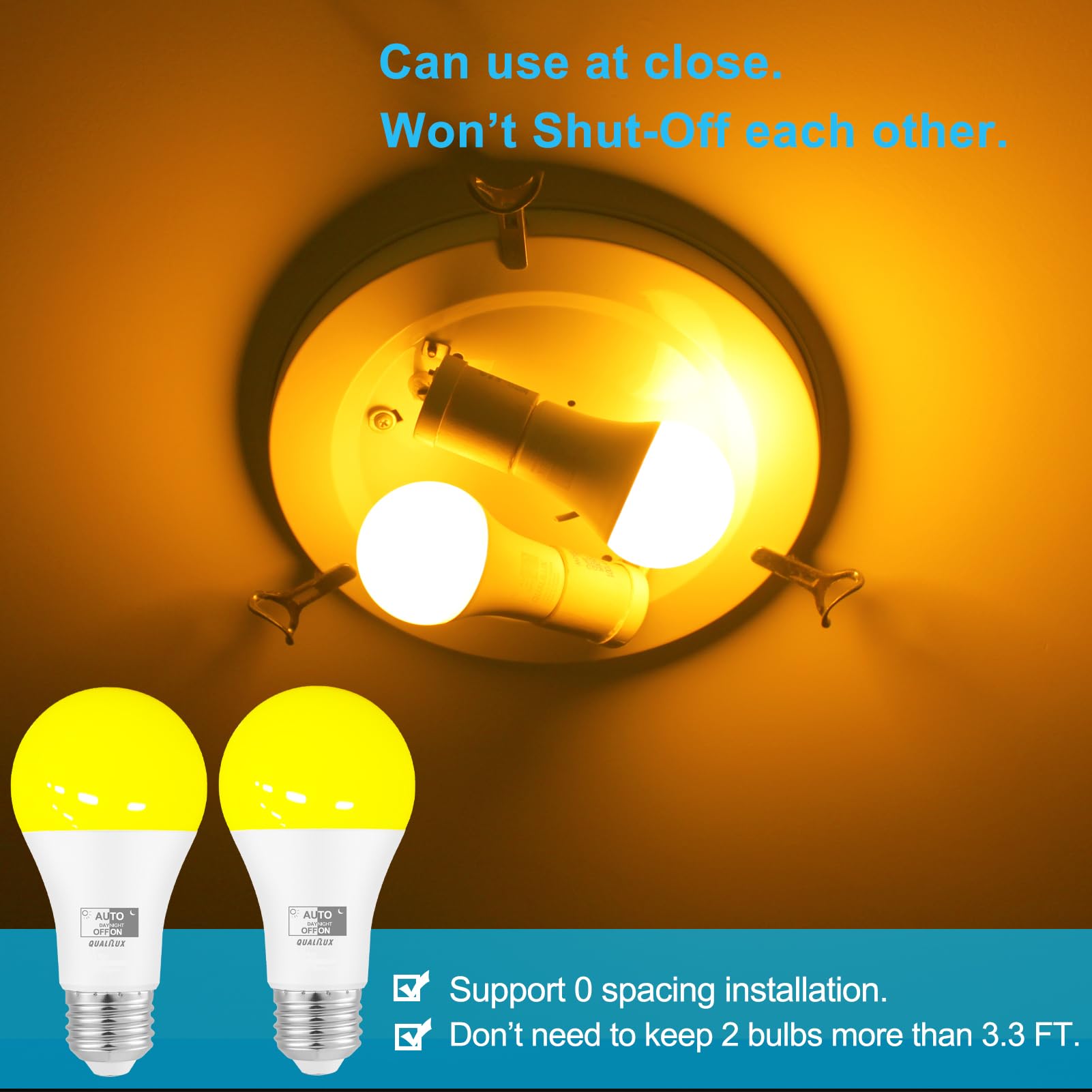 Qualilux Dusk to Dawn Bug Light Bulbs, 12W LED A19 E26, 800 Lumen, Amber Yellow, 2-Pack, Model D2D-A19E26