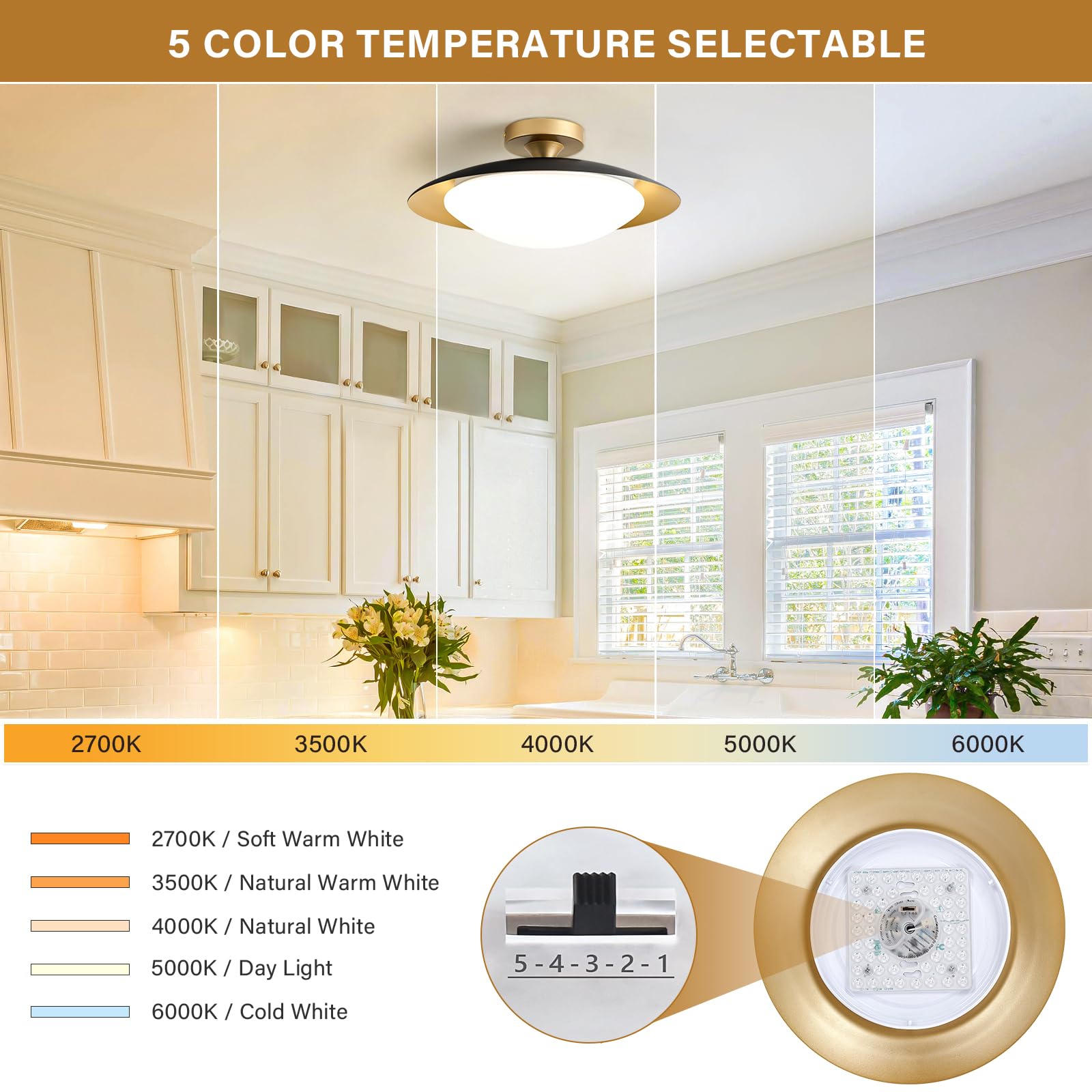 Dimmable Modern Mid-Century Ceiling Light, Black And Gold Led Semi Flush Mount Ceiling Light, 5Cct 2700K-6000K Lighting Fixture Ceiling Lamp With Acrylic Shade For Bedroom Kitchen Living Room, 15.8In