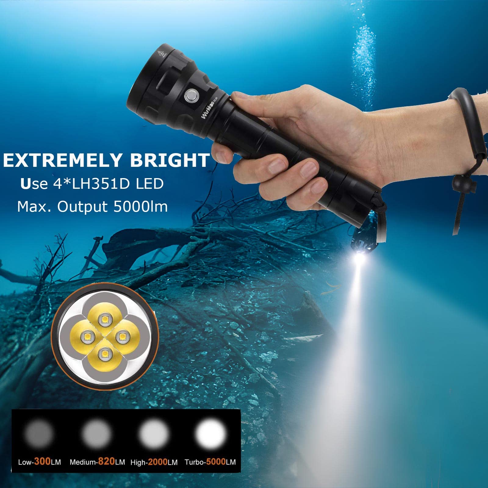 Wurkkos Dive Light 5000Lm, 4*Lh351D Led, Rechargeable, Ipx8 Waterproof, 150M Underwater Light, 4 Modes, Magnetic Switch, Usb Rechargeable, 12-Month Guarantee