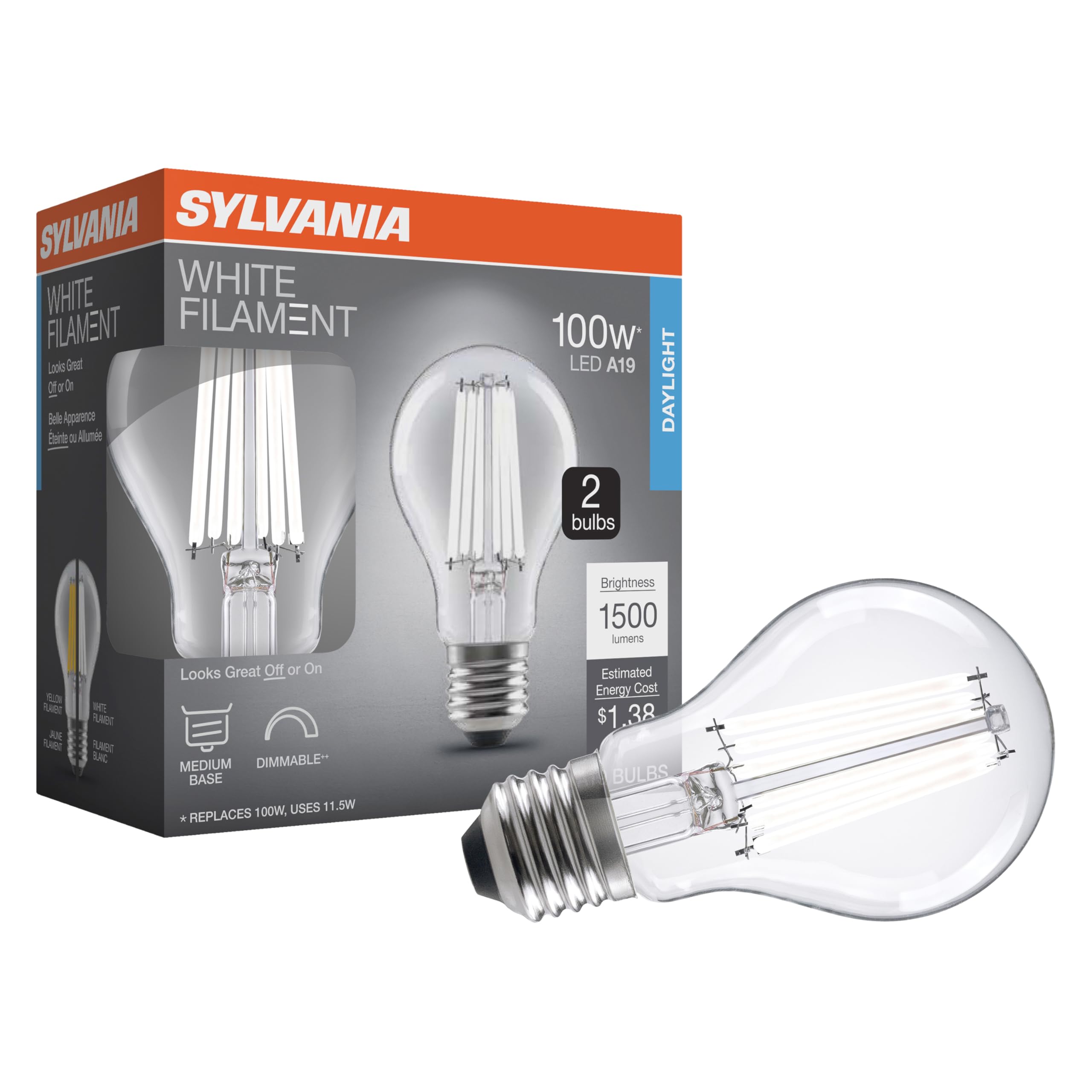 Sylvania A19 Clear Led White Filament Bulb, 11.5W, Dimmable, 1500 Lms, Medium Base, 5000K, Daylight - 2 Pack (42173)