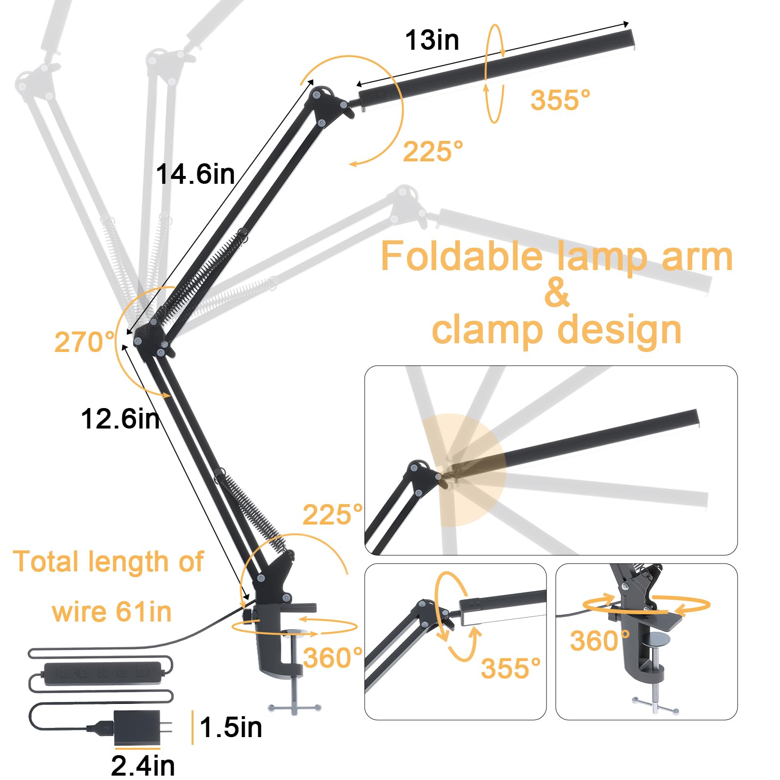 TROPICALTREE LED Desk Lamp, Swing Arm Light with 3 Modes, 10 Brightness Levels, USB Adapter, Black-Aluminum Clip