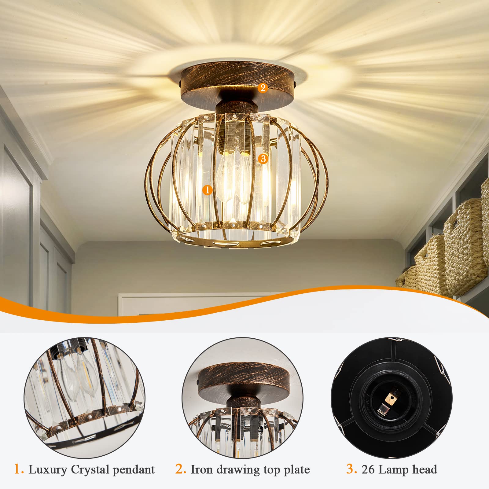 Yyjlx Semi Flush Mount Ceiling Light Fixture E26 Mini Crystal Chandelier Oil Rubbed Bronze Small Ceiling Lamp For Entryway Bedro