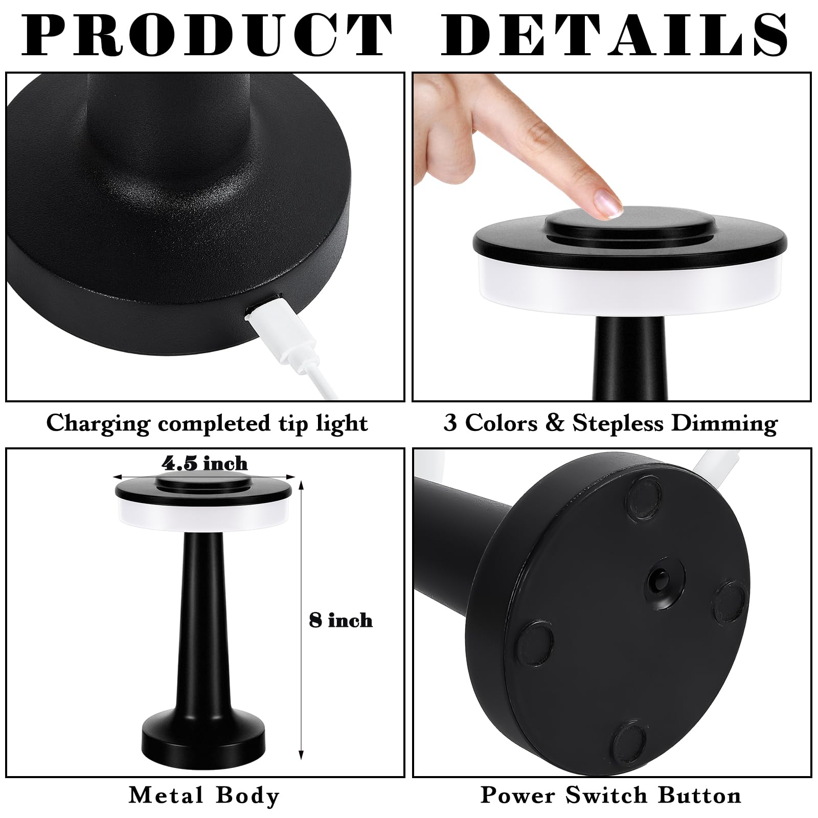 Vihose 8 Led Cordless Table Lamp - Touch Sensor, 3 Color Dimming, Rechargeable, Black