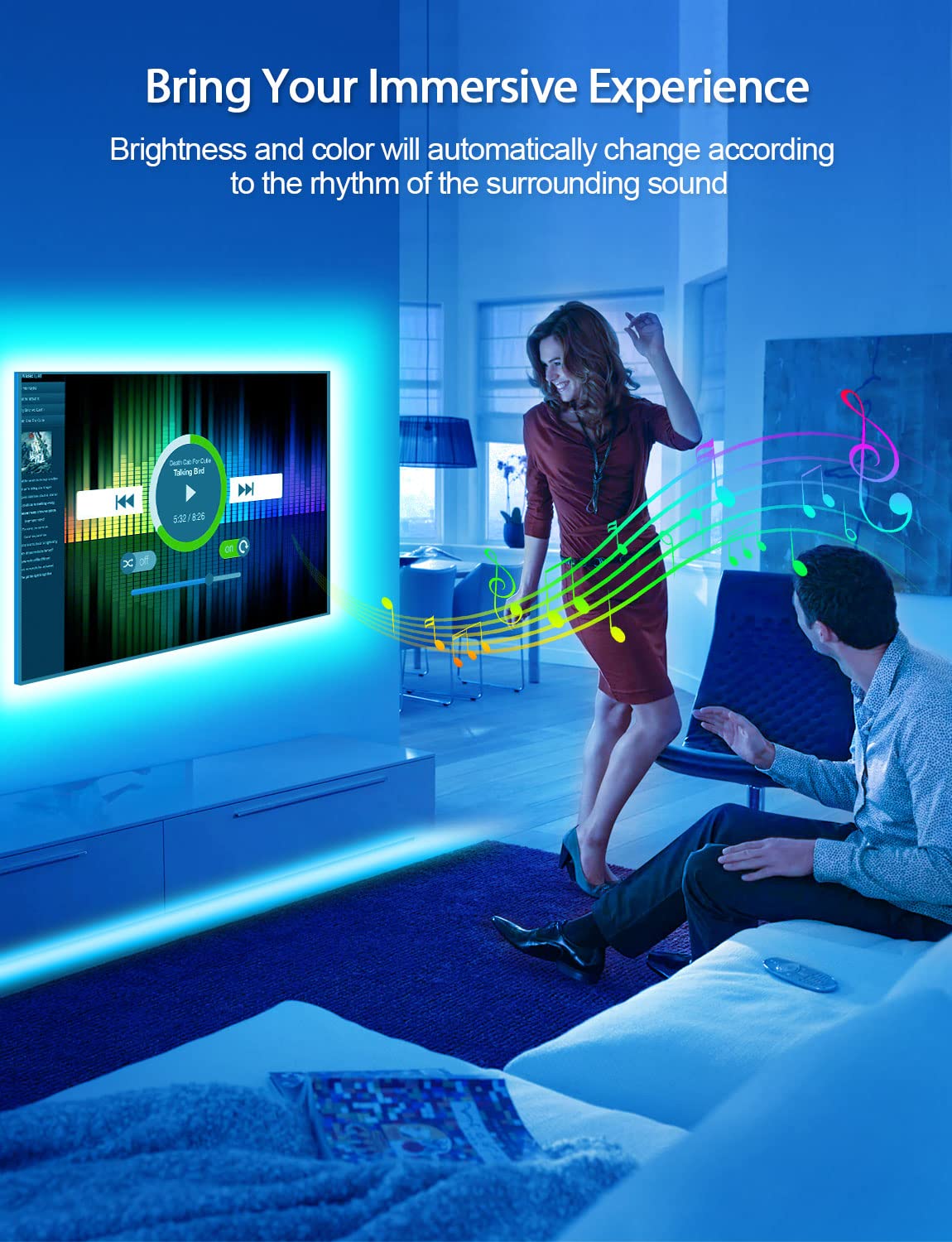 MATICOD LED Strip Lights for TV, 13.1ft RGB, Music Sync, Bluetooth Remote, USB Powered, for 45in-60in TVs, Multicolor