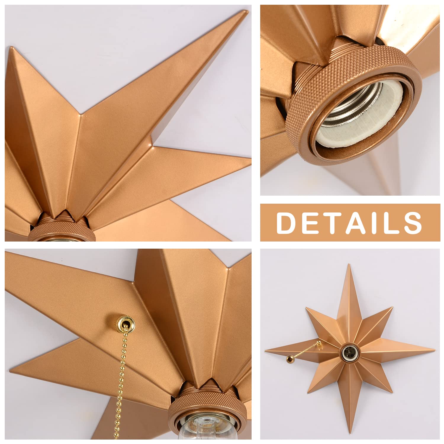 Airposta Flush Mount Ceiling Light Fixture, Brass Star Design, Industrial Metal, Pull Chain, Ideal For Hallway, Entryway, Kitchen, Bathroom