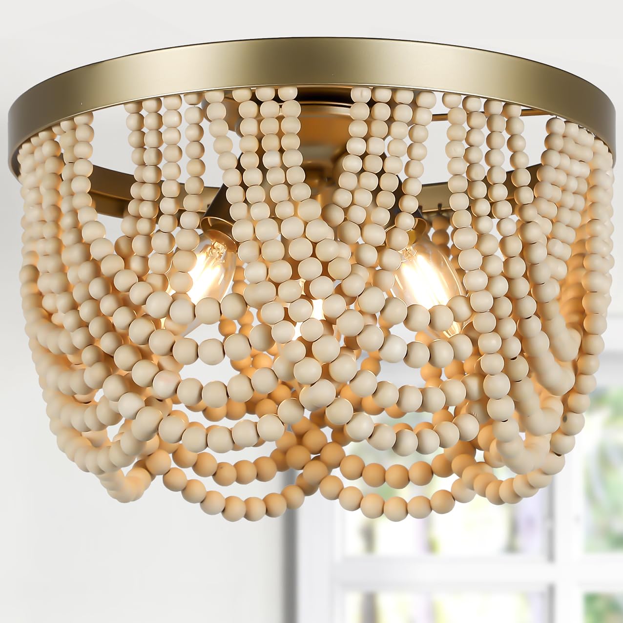 Bohemia Wood Beaded Chandelier, 3-Light Boho Light Fixture, 12.6inch Boho Chandelier Flush Mount Ceiling Light Fixtures for Dini
