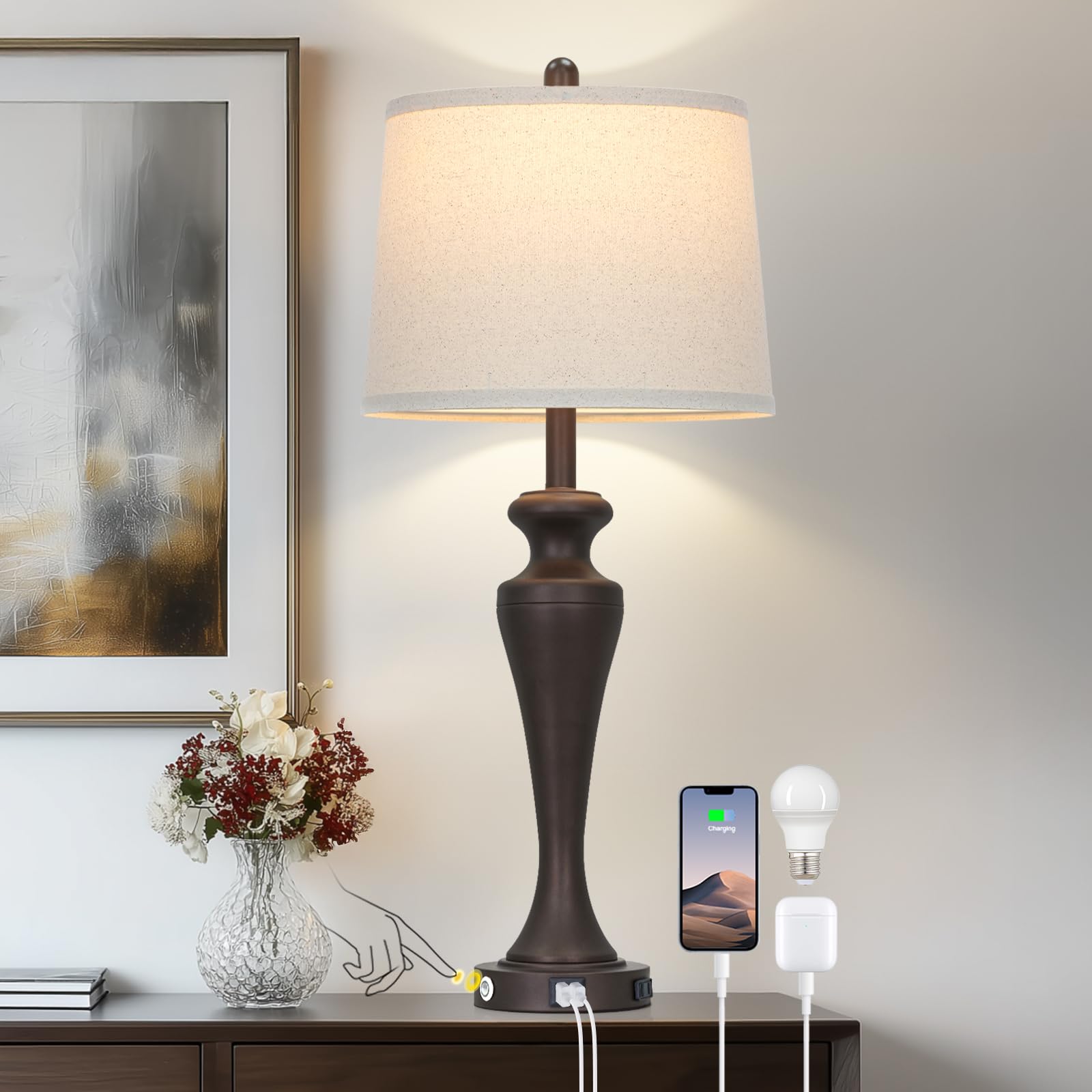 CINSARY 30 Inch Tall Brown Table Lamp Single  Touch Control Living Room Lamp with USB A+C Ports and AC Outlet  3-Way Dimmable Bedside Lamps for Nightstand  Modern Metal Bedroom Lamps for End Table