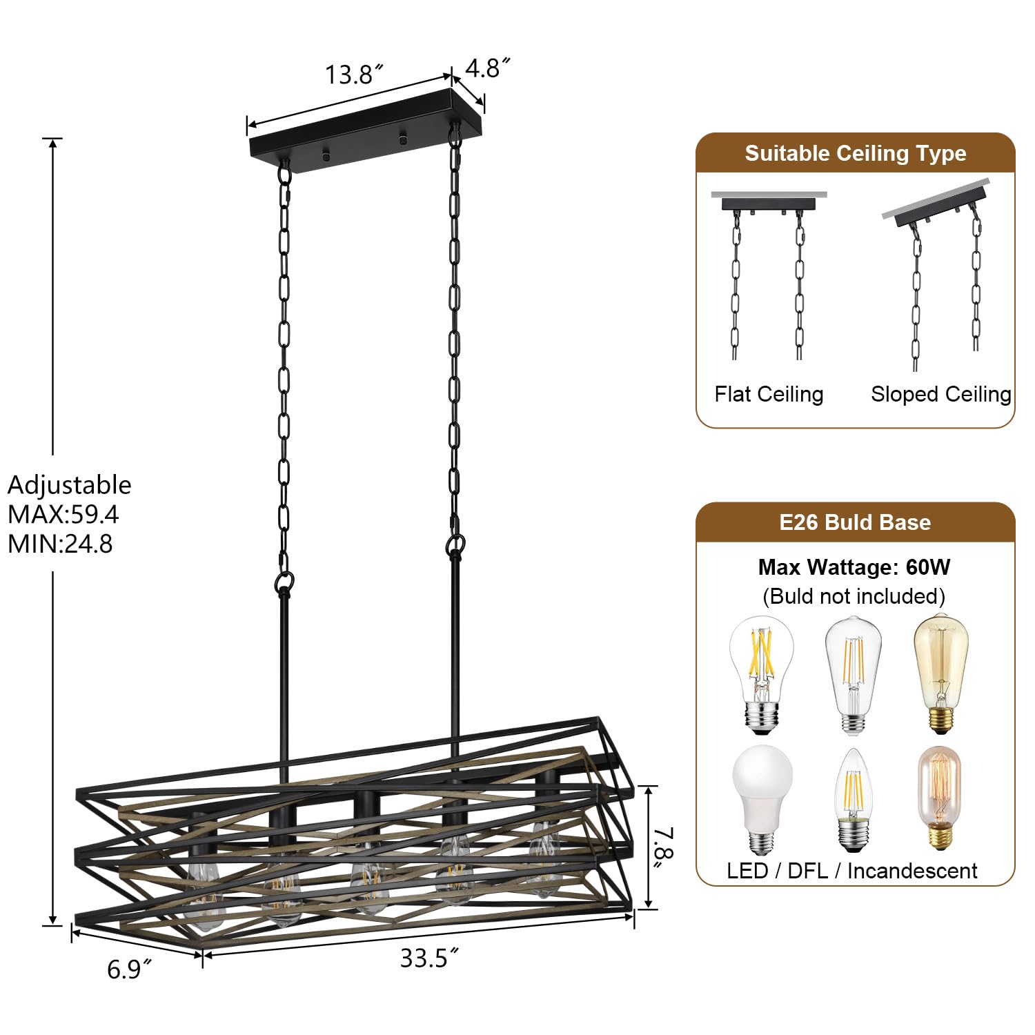 Sigaitwei 5-Light Industrial Chandelier, Rustic Rectangle Kitchen Island Lighting, Retro Metal Fixture, Model B08N5WRWNW