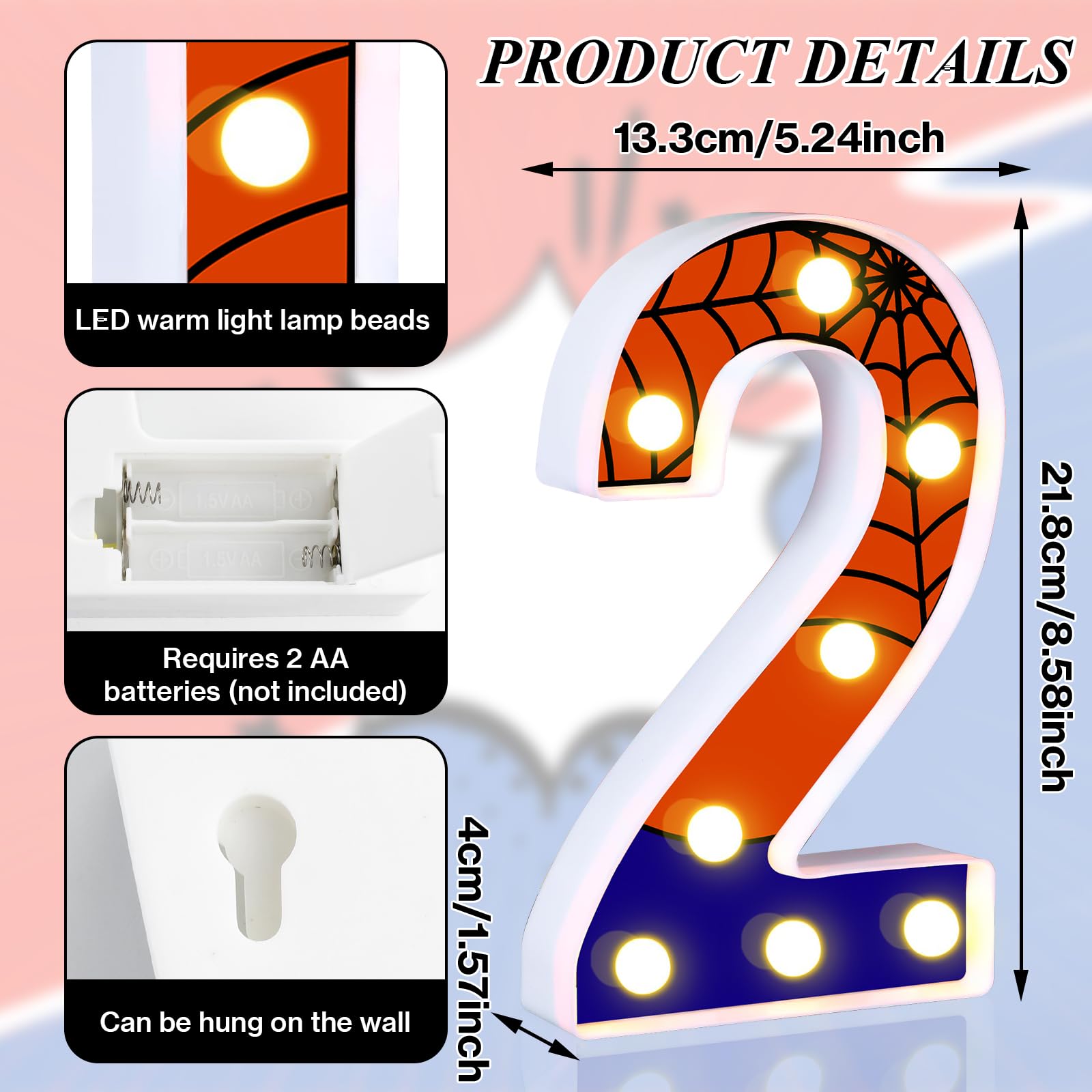 Axbmm 8.5" Spider Light Up Numbers Spider Birthday Decorations Happy Birthday Light Up Sign Night Light For Spider Decorations Spider Party Favors Spider Birthday Party Supplies (Number 2)
