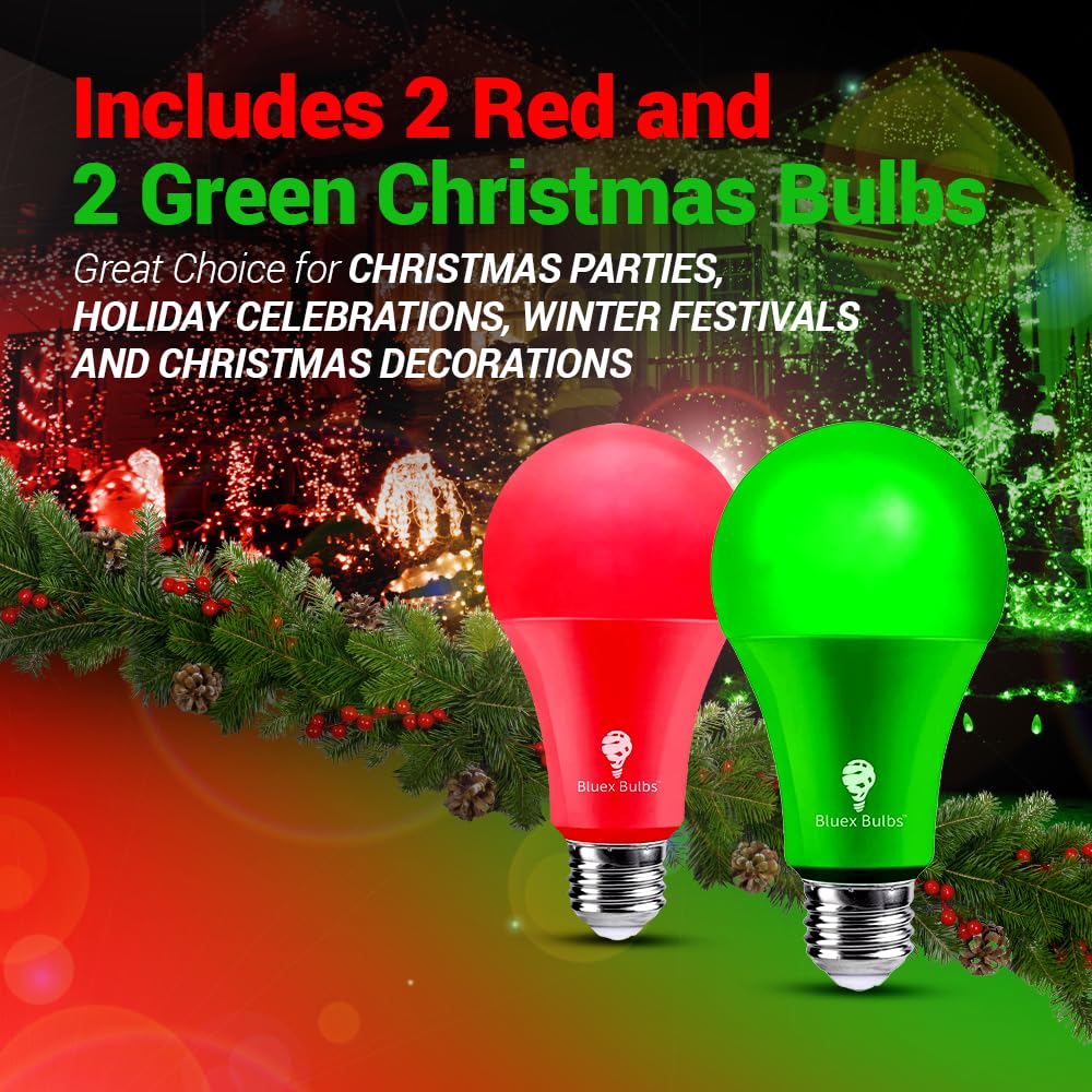 4 Pack Bluex Led A21 Red Green Light Bulbs - 15W (120Watt Equivalent) - E26 Base Red Green Led Red Bulb, Party Decoration, Porch