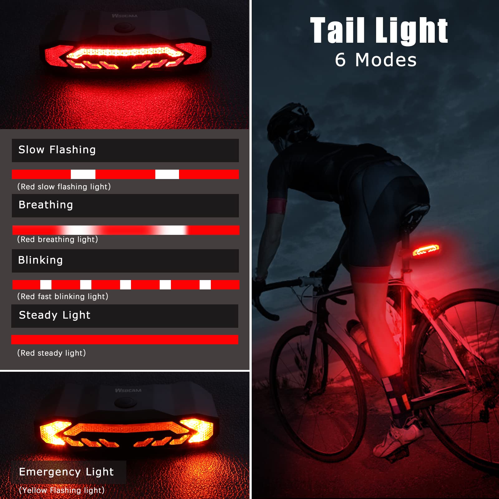 WSDCAM Smart Bike Tail Light with Turn Signals, Brake Light, Black, Waterproof, Rechargeable, Remote Control, Bike Alarm Horn