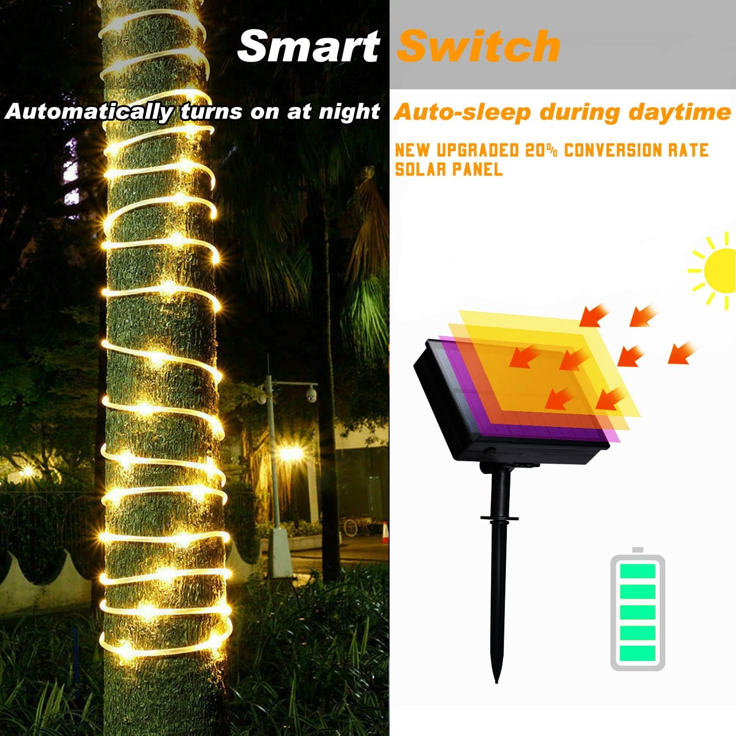 Lairtpow Solar Rope Light 2 Pack, 39Ft 100 Leds Warm White Waterproof For Outdoor Decor