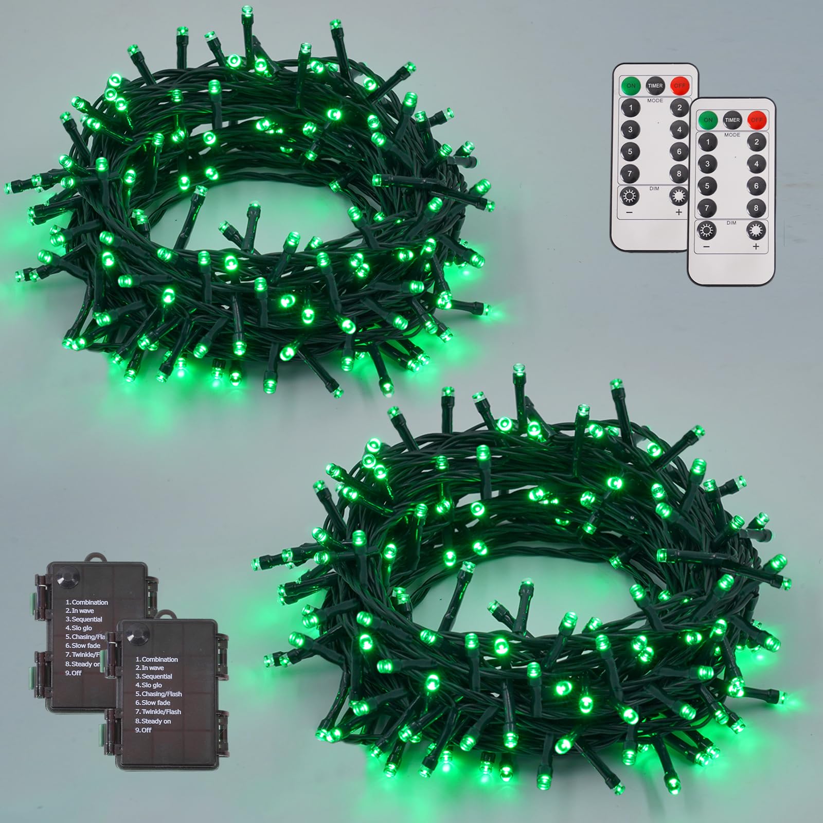 YEGUO Christmas Lights Battery Operated, 2 Pack Each 33ft 100 LED Green String Lights Outdoor Waterproof, Green Wire Fairy Chris