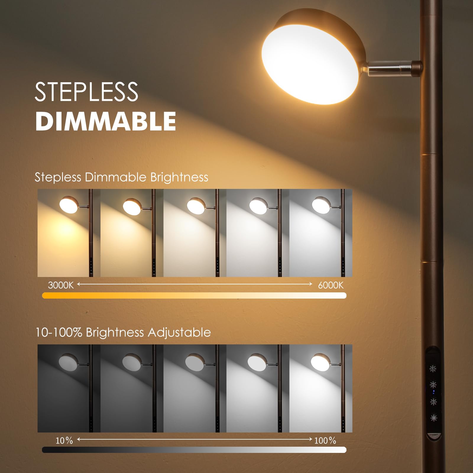 Junnai Dimmable Led Floor Lamp, Modern Tall Standing Lamp With Remote & Touch Control, 4 Color Temperatures, 3 Rotatable Light Tree Floor Lamps For Living Room Bedroom Office Reading, Brown