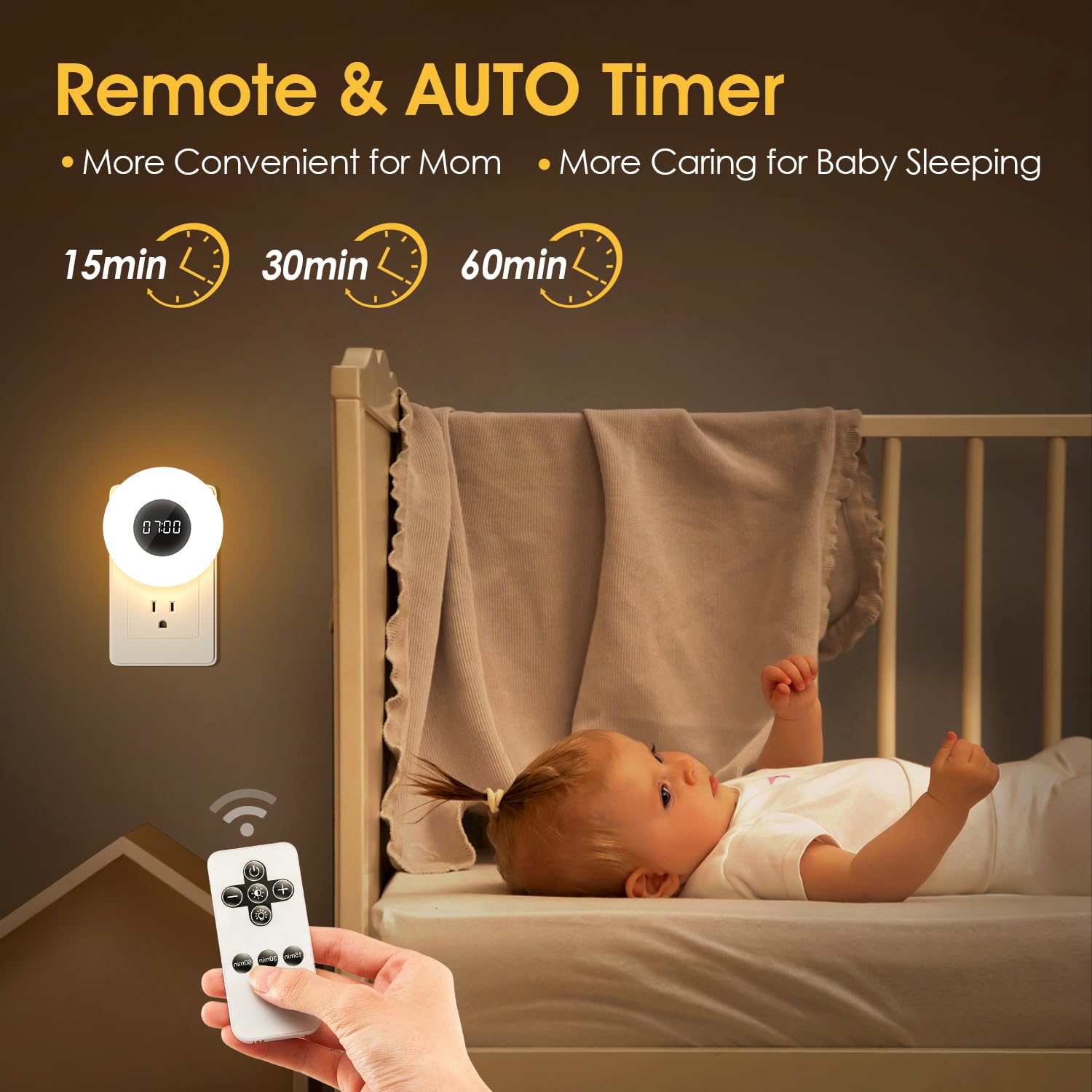 One Fire Kids' Nightlights with Clock & Remote, 3 Color Dimmable, Auto Timer, Plug-in, White, 1 PCS for Bathroom & Toilet