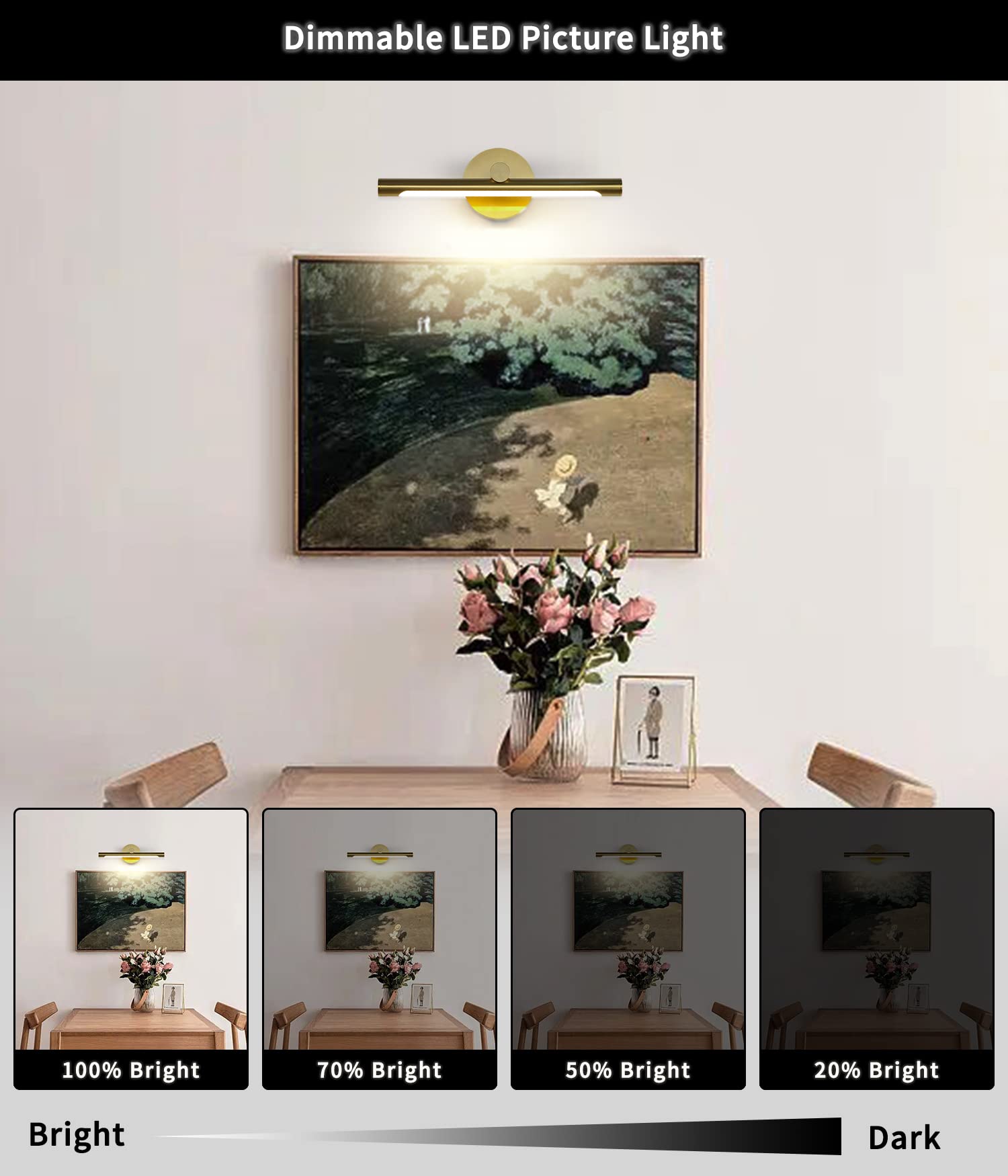 Jusheng Picture Lights For Wall Gold Hard-Wired Connection Gallery Light Dimmable Modern Led Picture Light Artwork Light 16.33'' Inch 7W Warm White