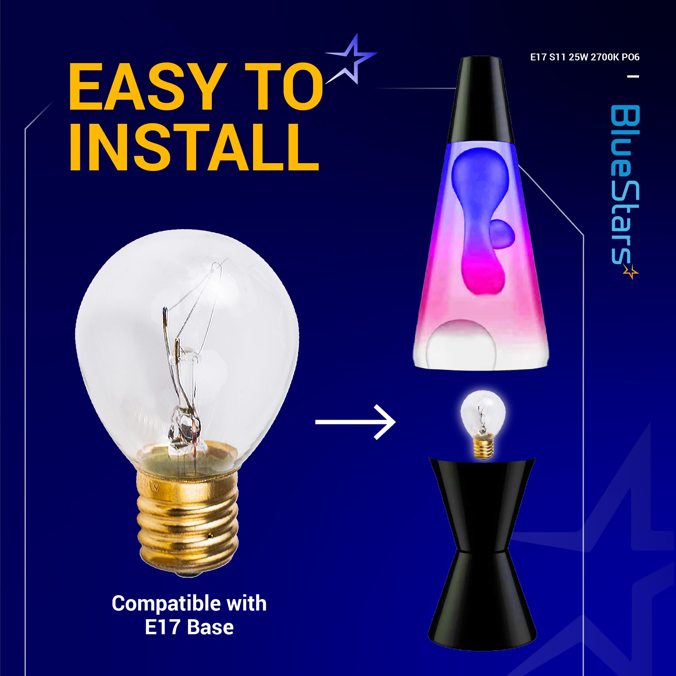 BlueStars 25W Lava Lamp Bulbs, S11 E17 Intermediate Base, Warm White, Clear Glass, Compatible with 14.5-Inch/20-Ounce Lava Lamps