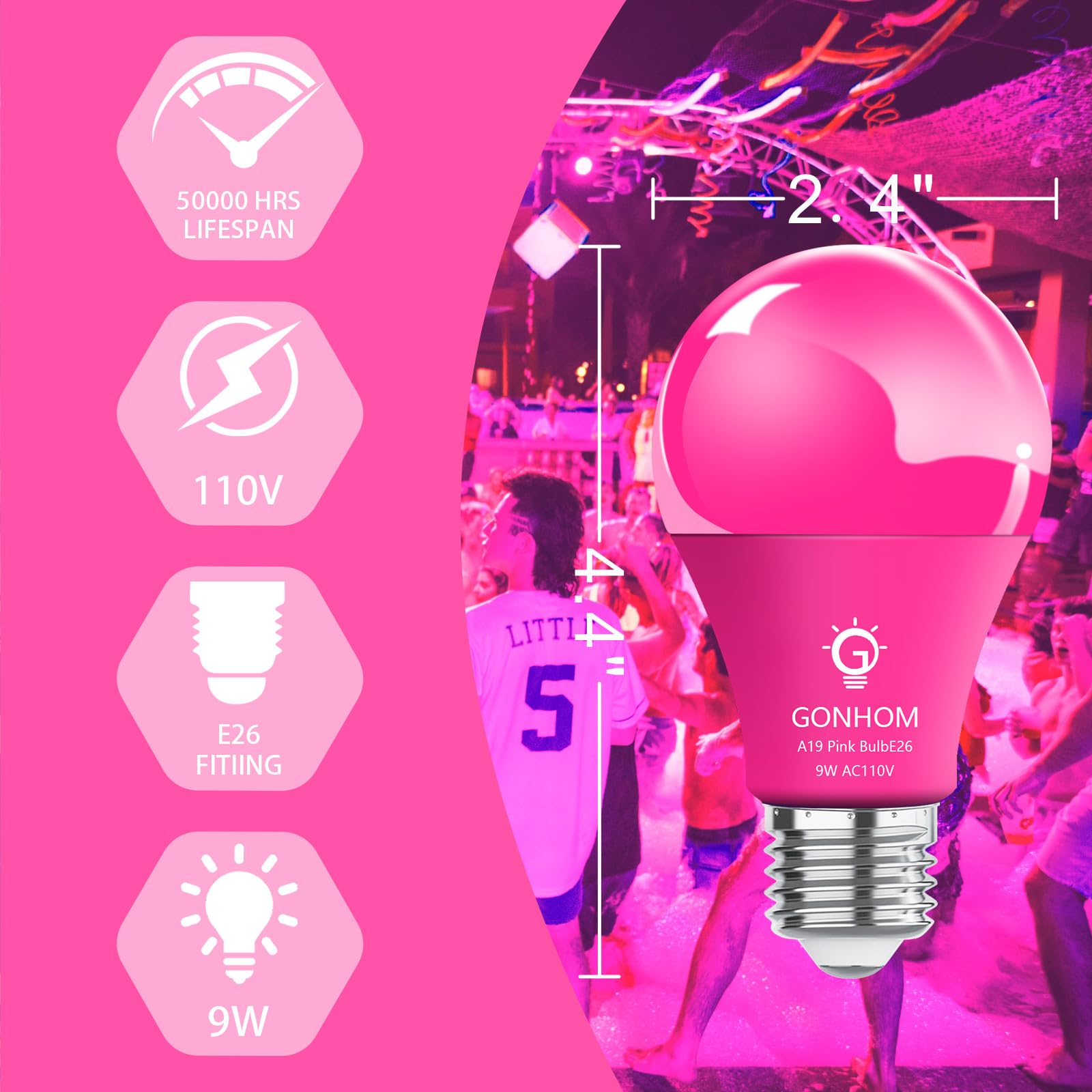 Gonhom 2 Pack Pink Led Light Bulbs, 9W Equivalent To 100W, E26 Base For Party & Holiday
